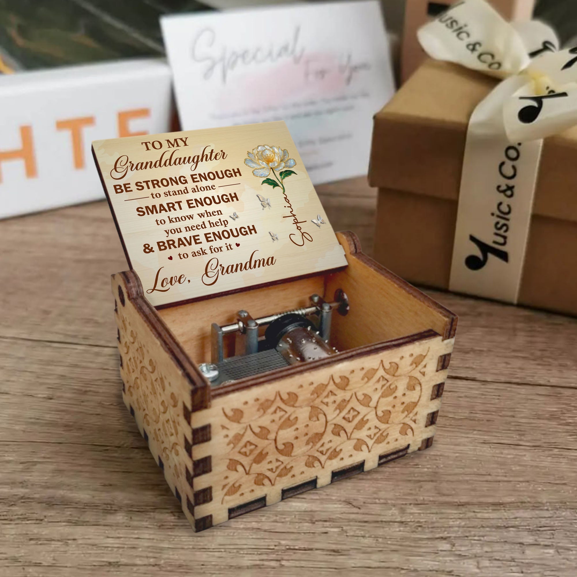 Personalized Wooden Music Box Custom Birth Month Flower Gift for Granddaughter