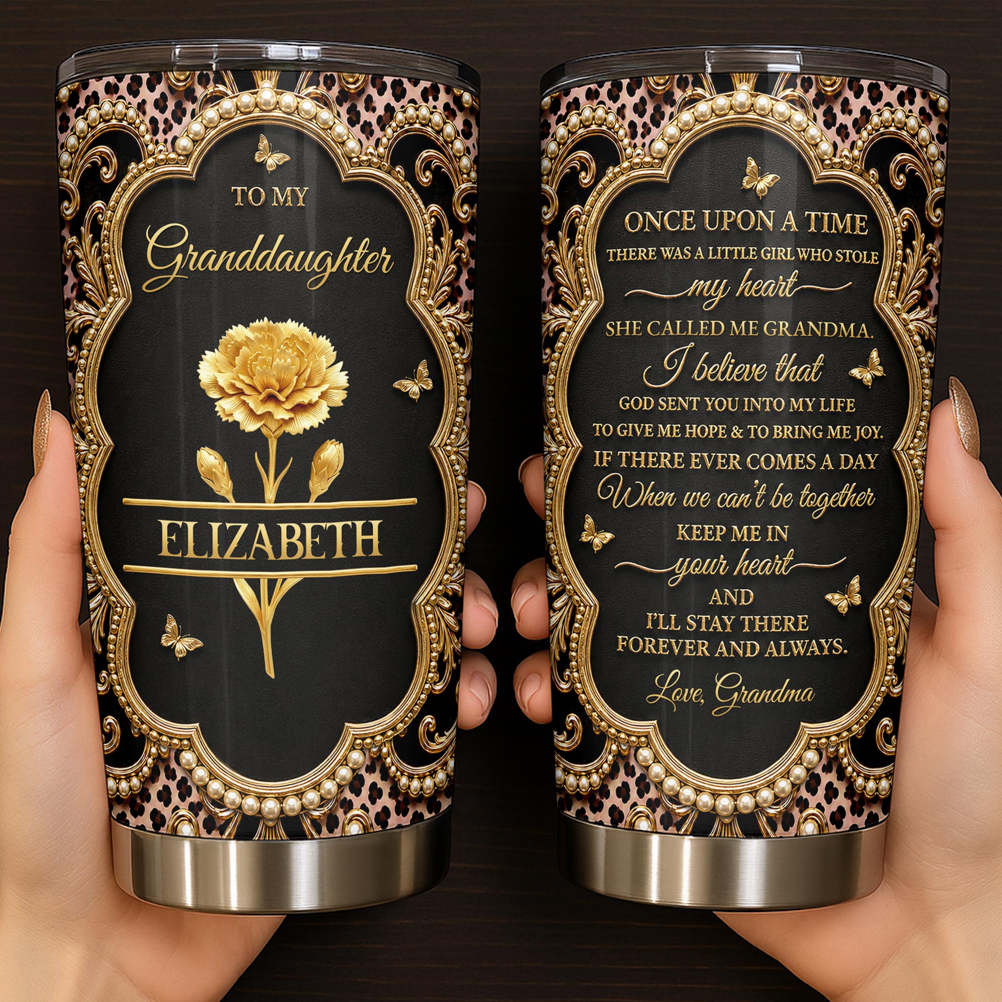 Personalized 20oz Stainless Steel Tumbler for Granddaughter - Birth Month Flower Design