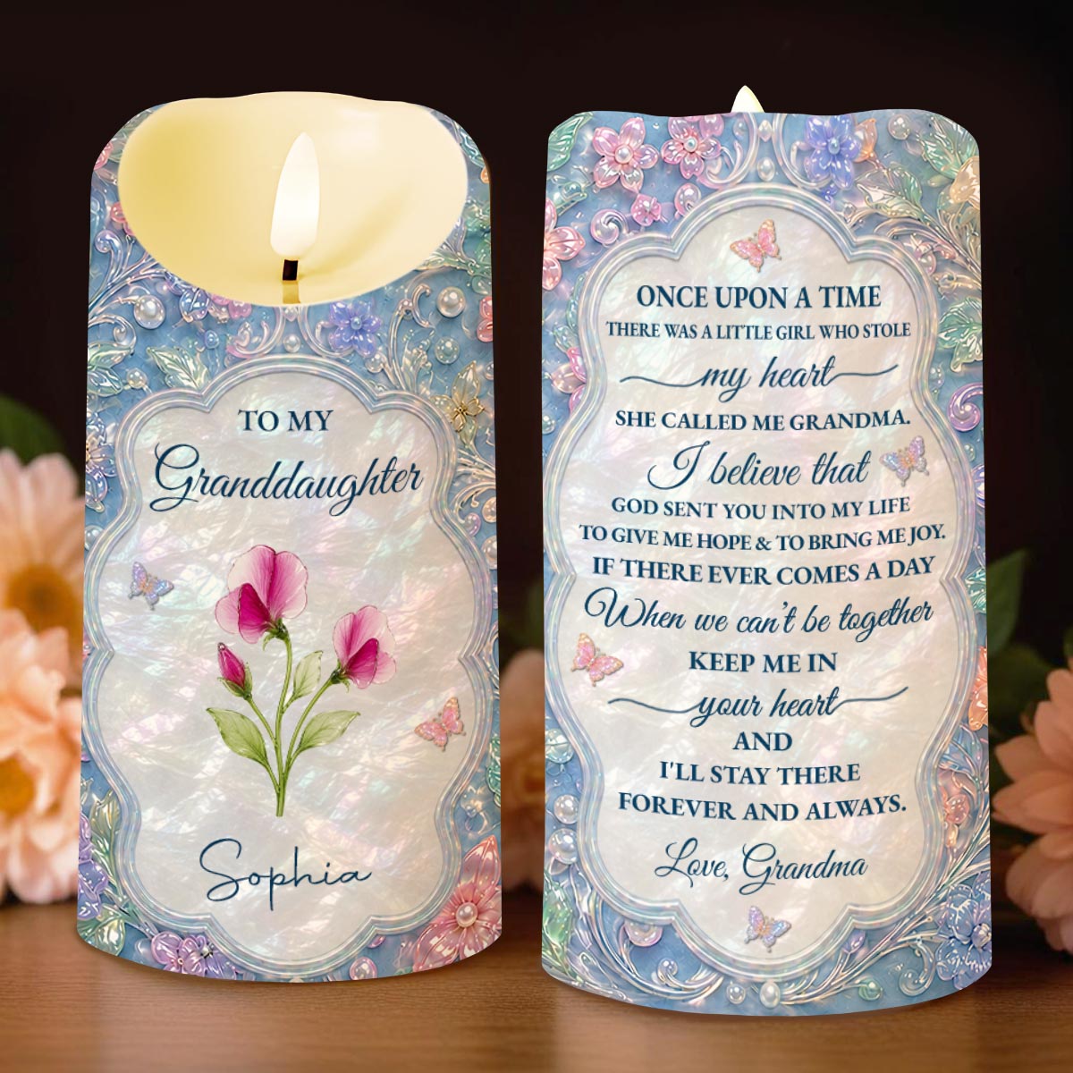 Personalized LED Candle for Granddaughter with Flowers & Butterflies