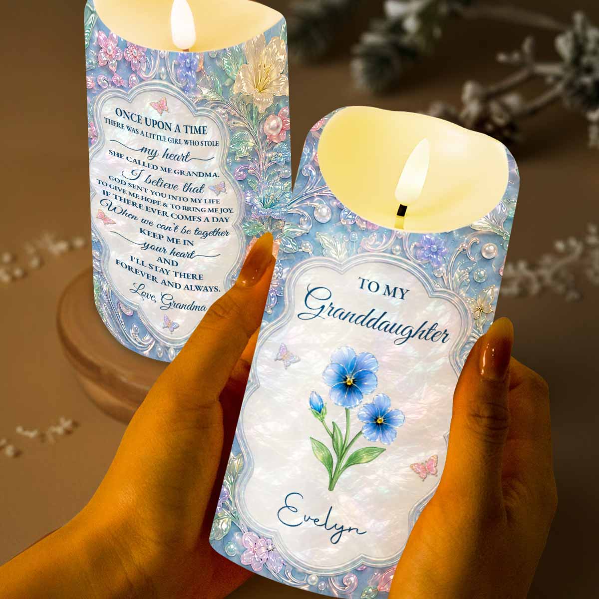 Personalized LED Candle for Granddaughter with Flowers & Butterflies
