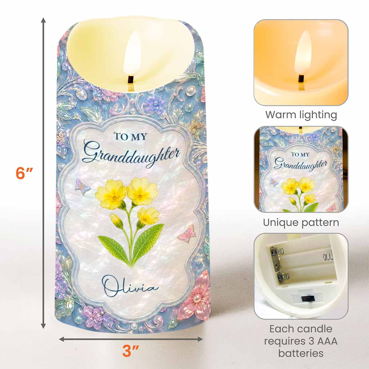 Personalized LED Candle for Granddaughter with Flowers & Butterflies