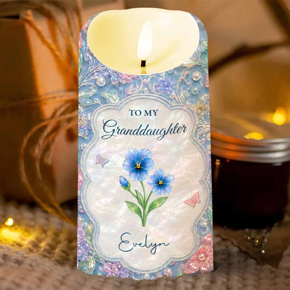 Personalized LED Candle for Granddaughter with Flowers & Butterflies