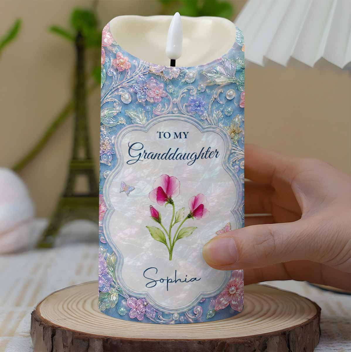 Personalized LED Candle for Granddaughter with Flowers & Butterflies