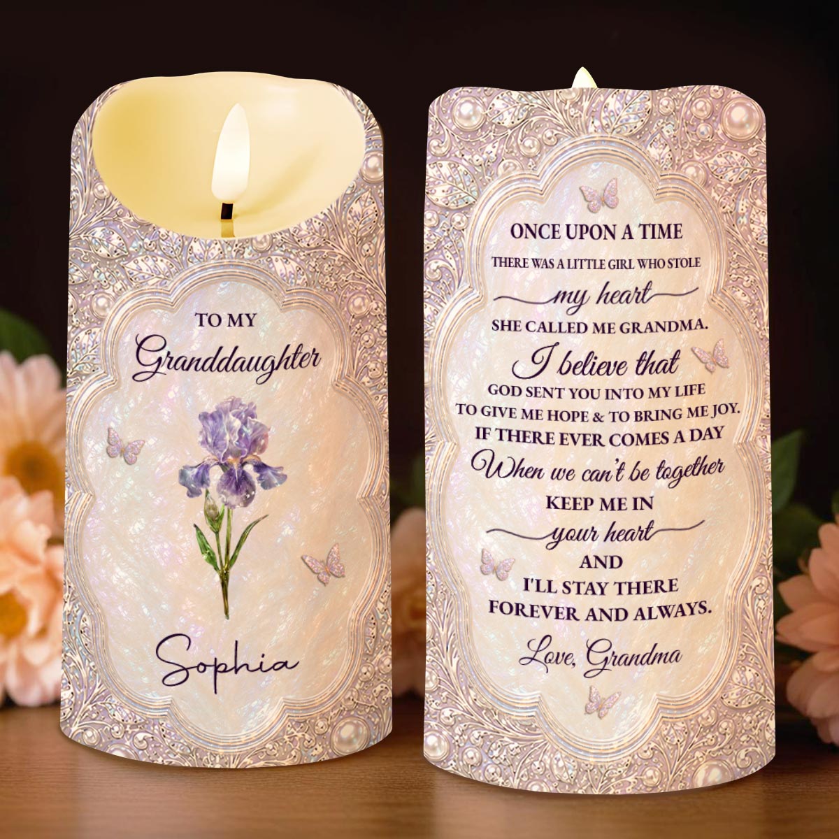 Personalized LED Candle for Granddaughter with Birth Month Flower & Butterfly Gift