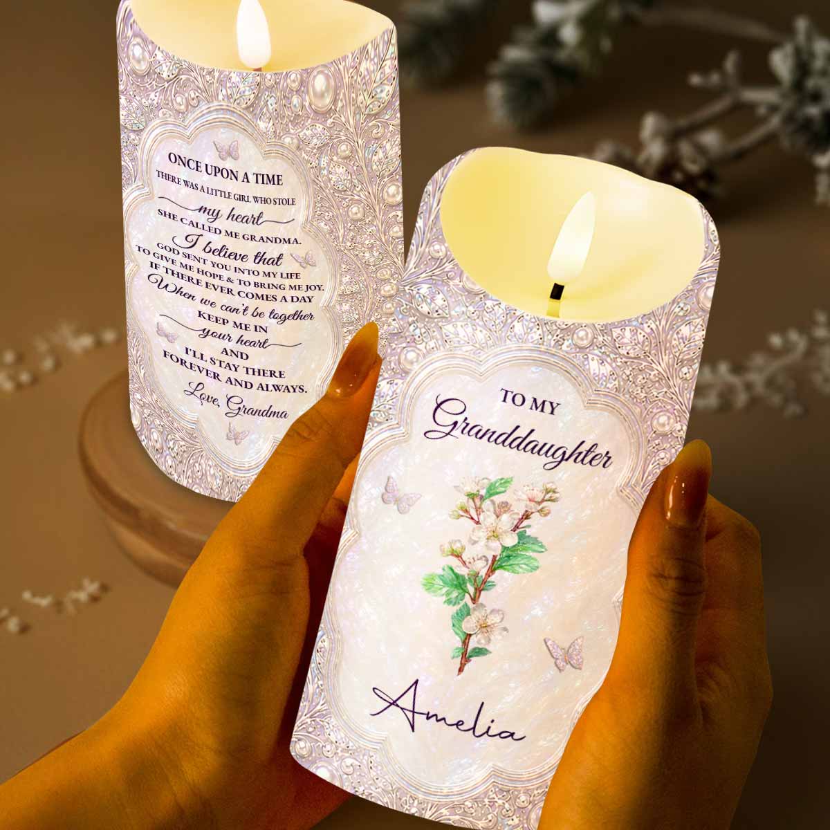 Personalized LED Candle for Granddaughter with Birth Month Flower & Butterfly Gift