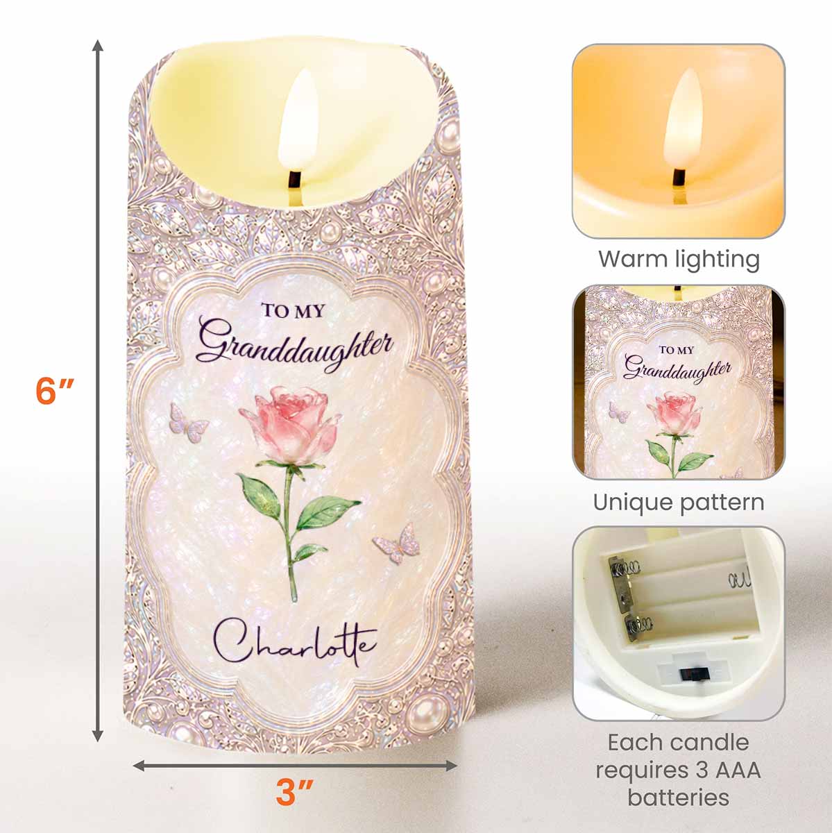 Personalized LED Candle for Granddaughter with Birth Month Flower & Butterfly Gift
