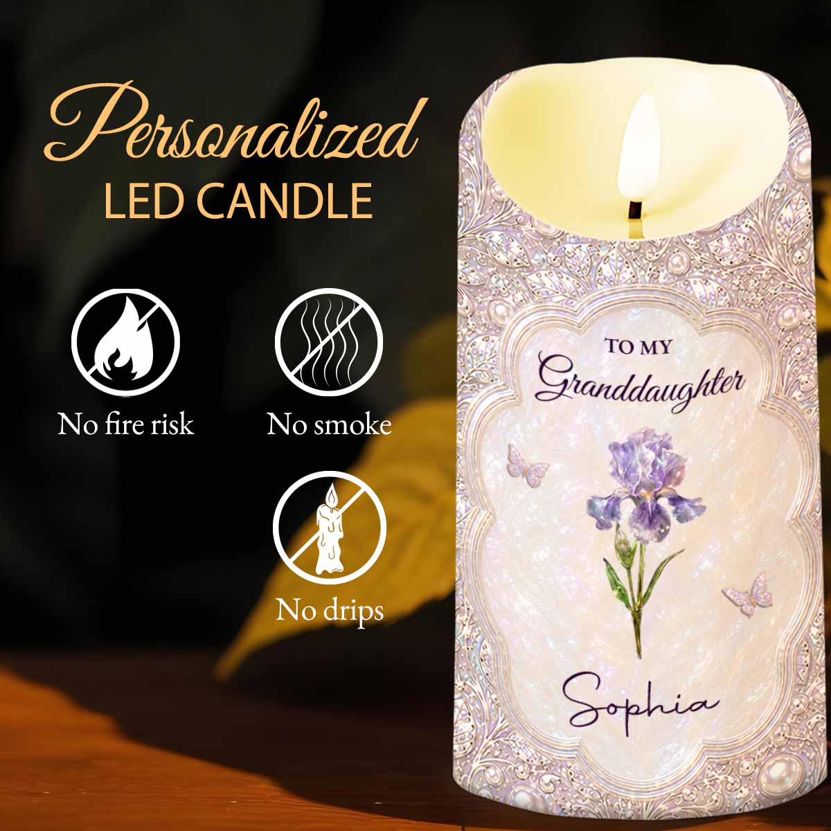 Personalized LED Candle for Granddaughter with Birth Month Flower & Butterfly Gift