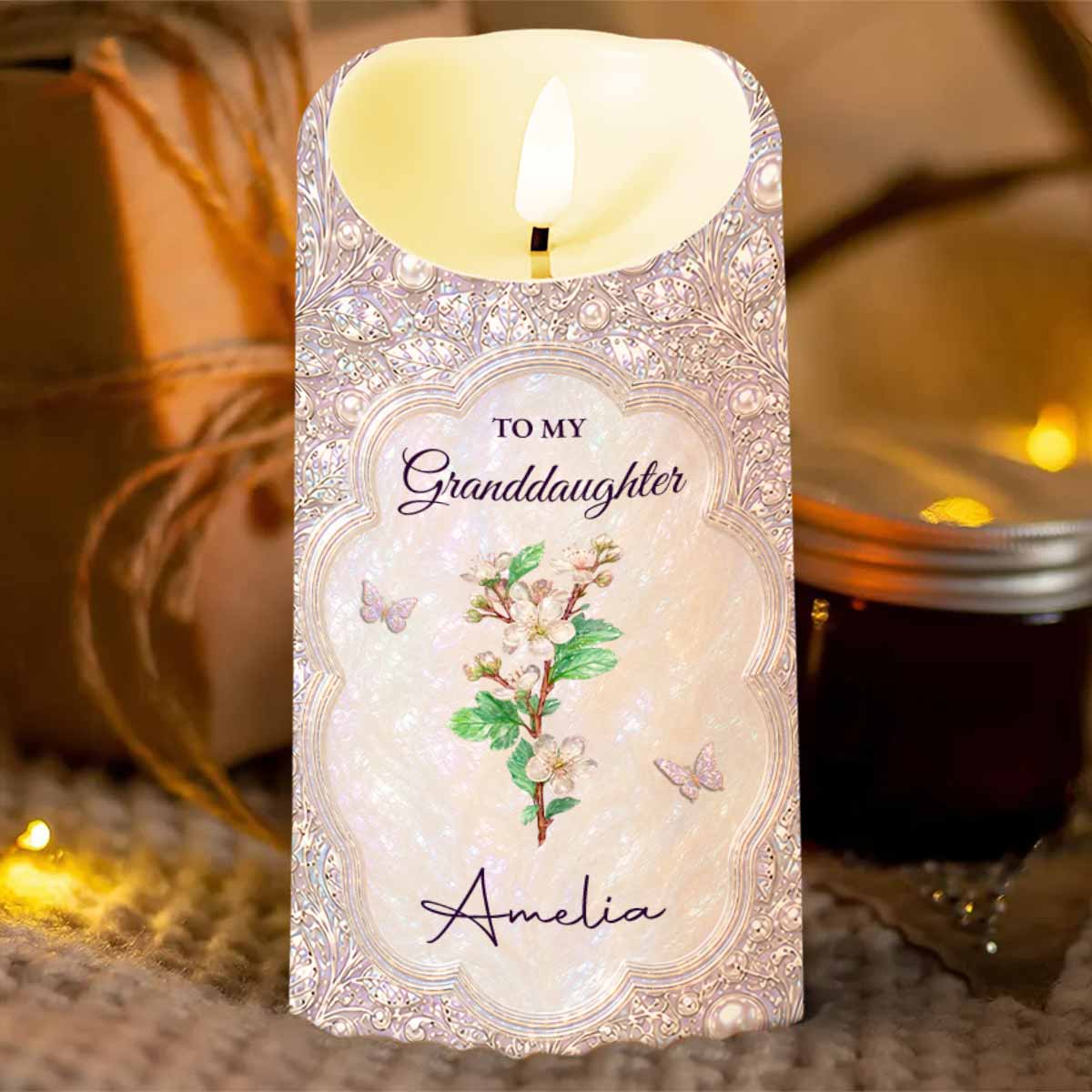 Personalized LED Candle for Granddaughter with Birth Month Flower & Butterfly Gift