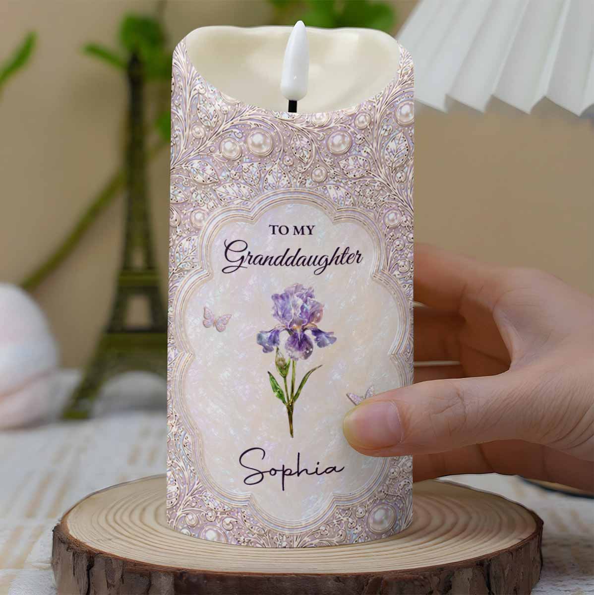 Personalized LED Candle for Granddaughter with Birth Month Flower & Butterfly Gift