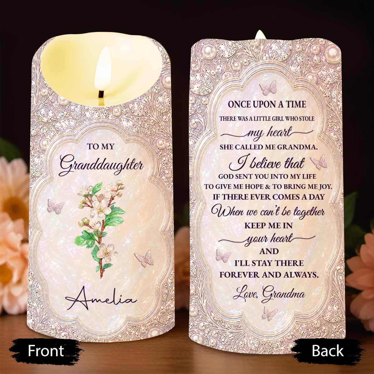 Personalized LED Candle for Granddaughter with Birth Month Flower & Butterfly Gift