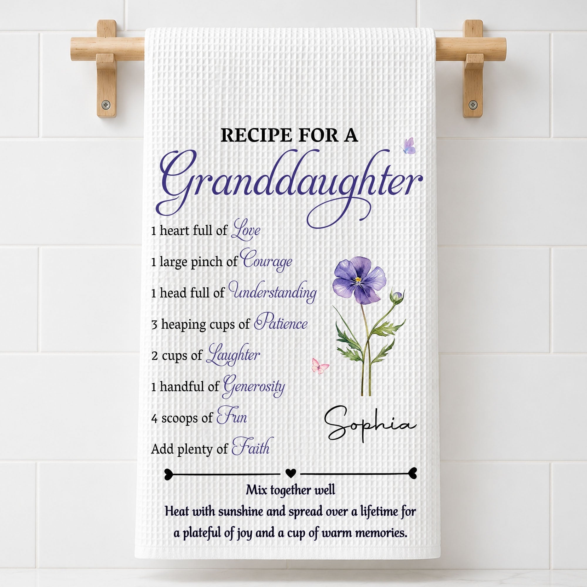 Personalized Kitchen Towel with Birth Month Flower Gift for Granddaughter