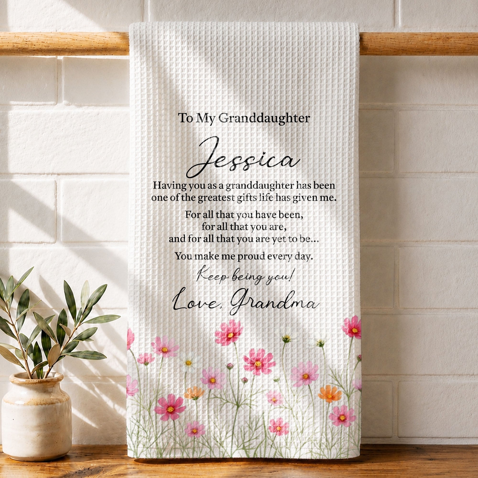 Personalized Kitchen Towel Custom Pink Flower Gift for Granddaughter