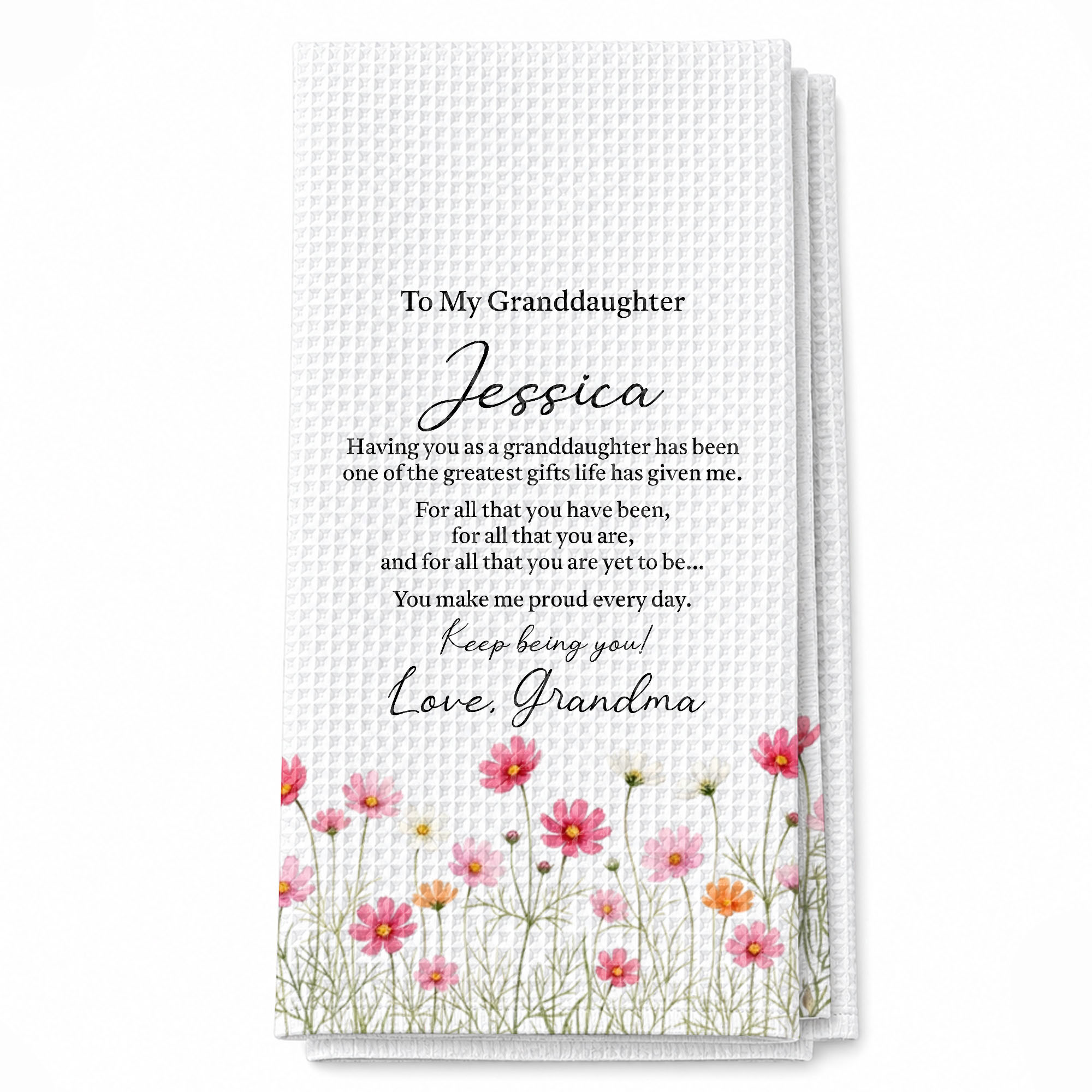 Personalized Kitchen Towel Custom Pink Flower Gift for Granddaughter