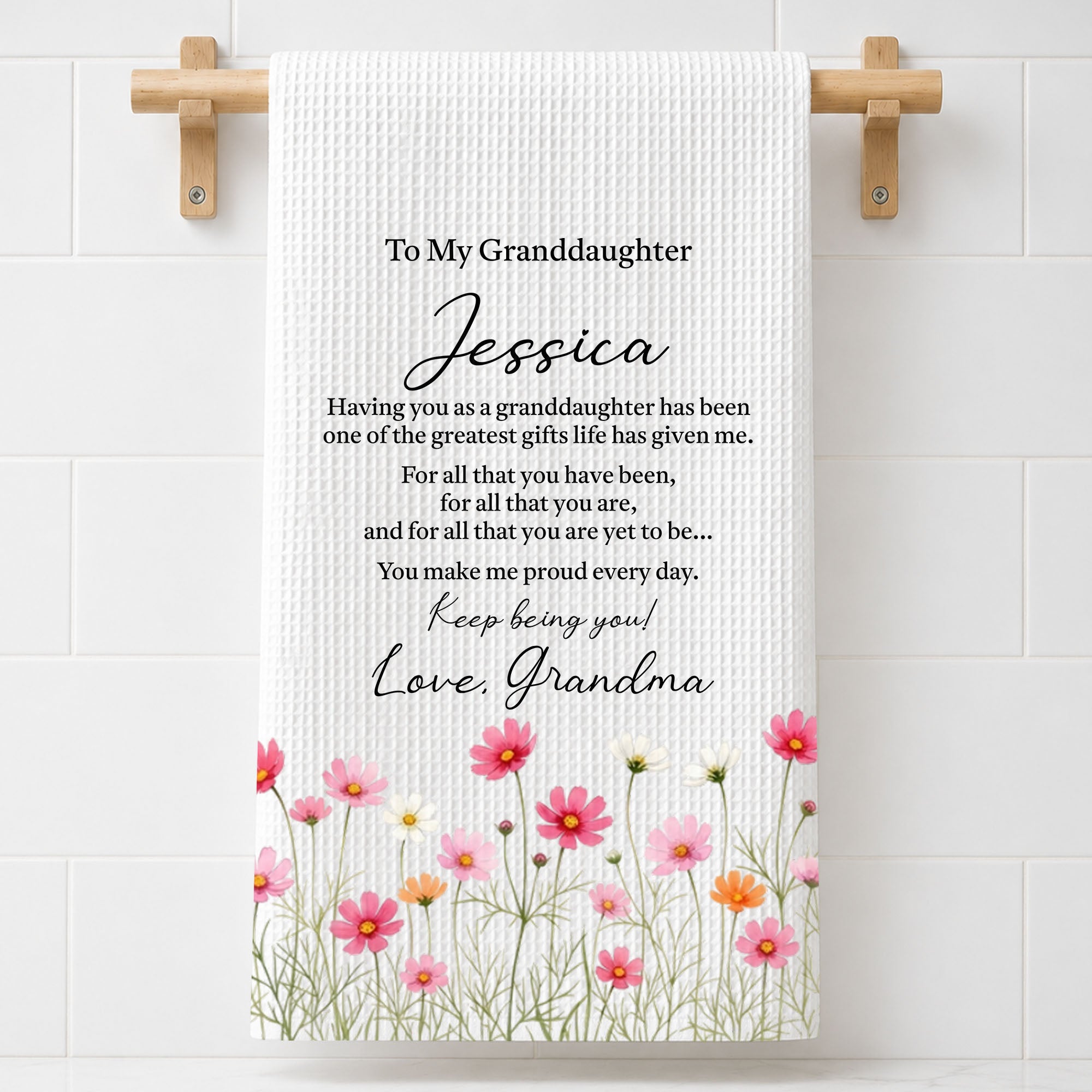 Personalized Kitchen Towel Custom Pink Flower Gift for Granddaughter