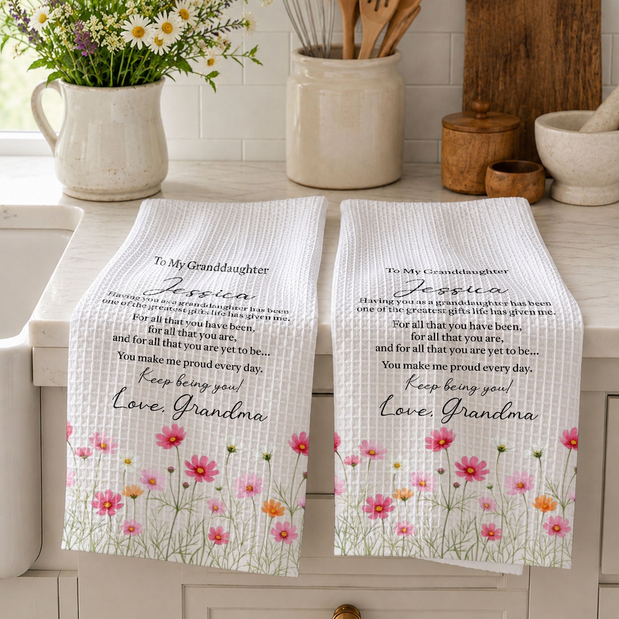 Personalized Kitchen Towel Custom Pink Flower Gift for Granddaughter