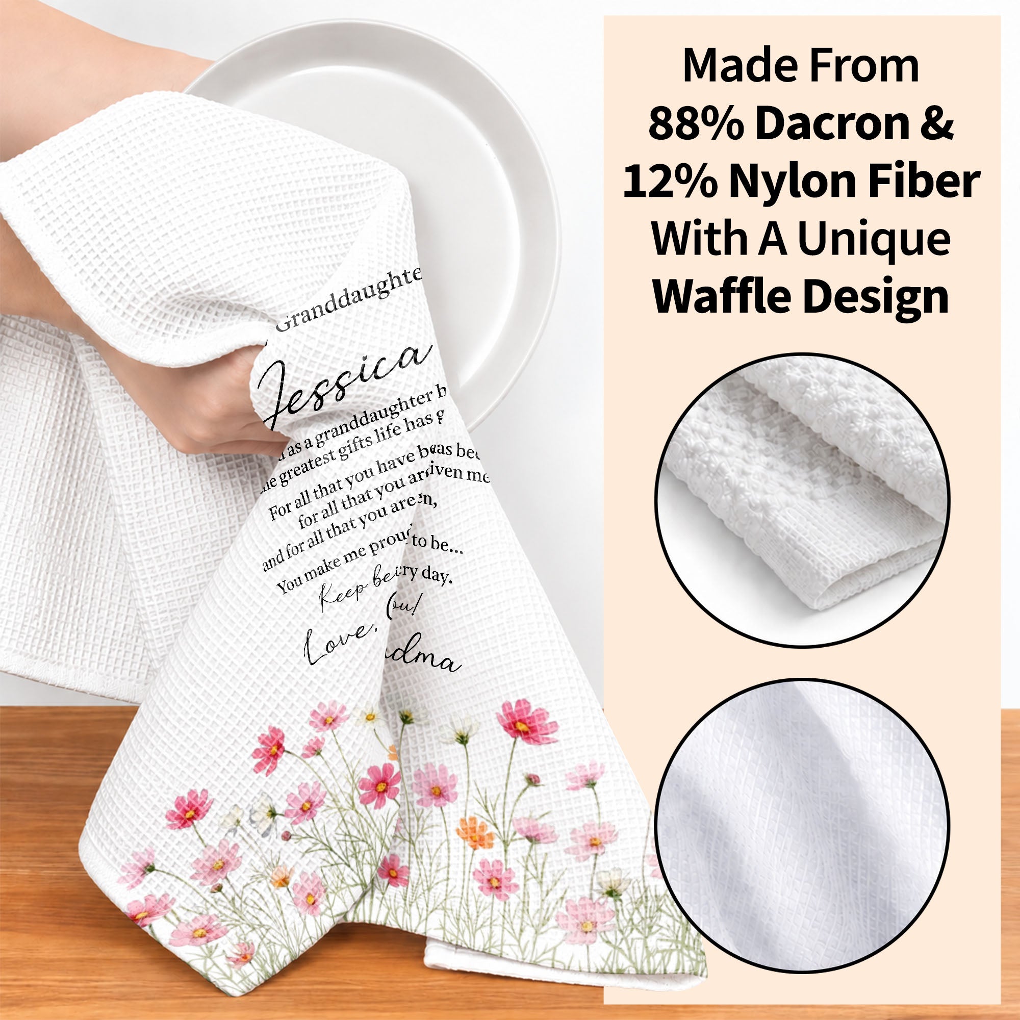 Personalized Kitchen Towel Custom Pink Flower Gift for Granddaughter