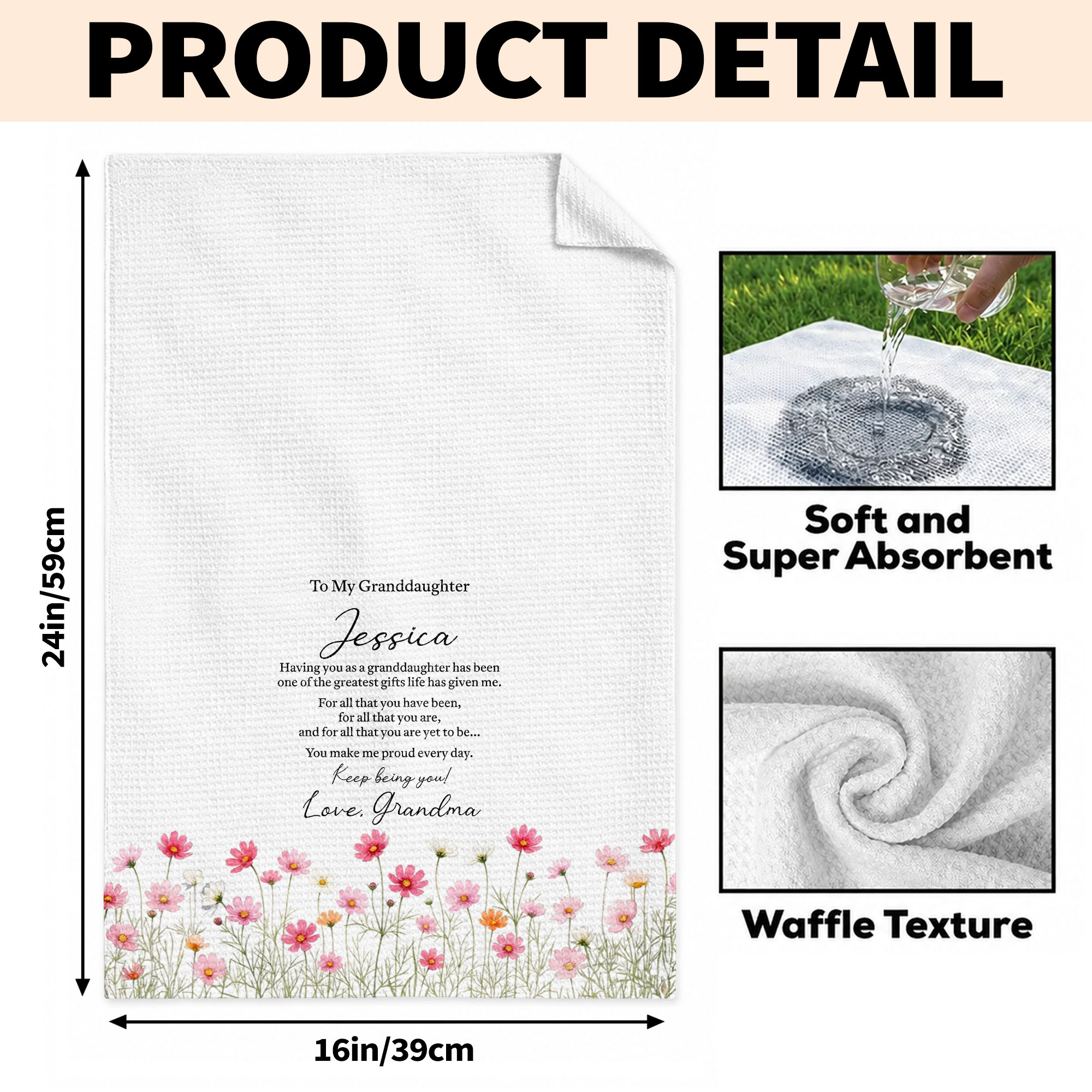 Personalized Kitchen Towel Custom Pink Flower Gift for Granddaughter