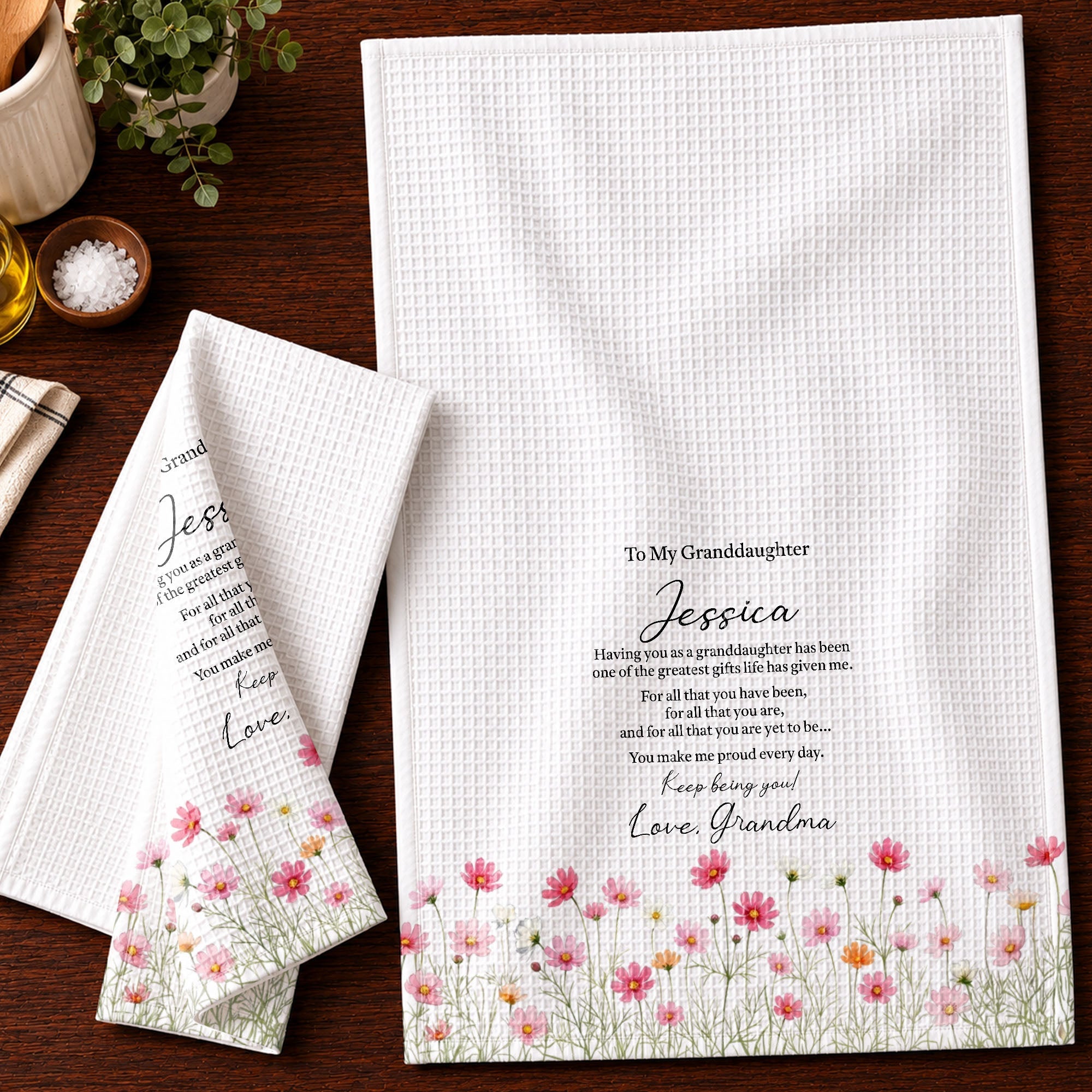 Personalized Kitchen Towel Custom Pink Flower Gift for Granddaughter
