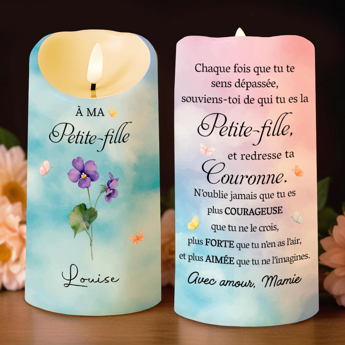 Personalized LED Candle with Birth Month Flowers Custom Gift for Granddaughter