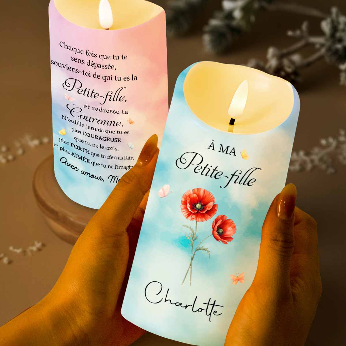Personalized LED Candle with Birth Month Flowers Custom Gift for Granddaughter