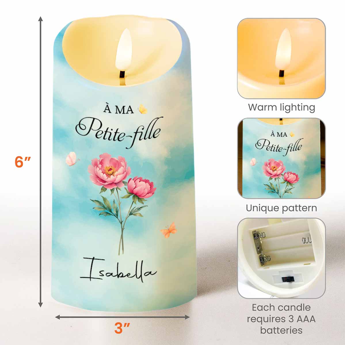 Personalized LED Candle with Birth Month Flowers Custom Gift for Granddaughter