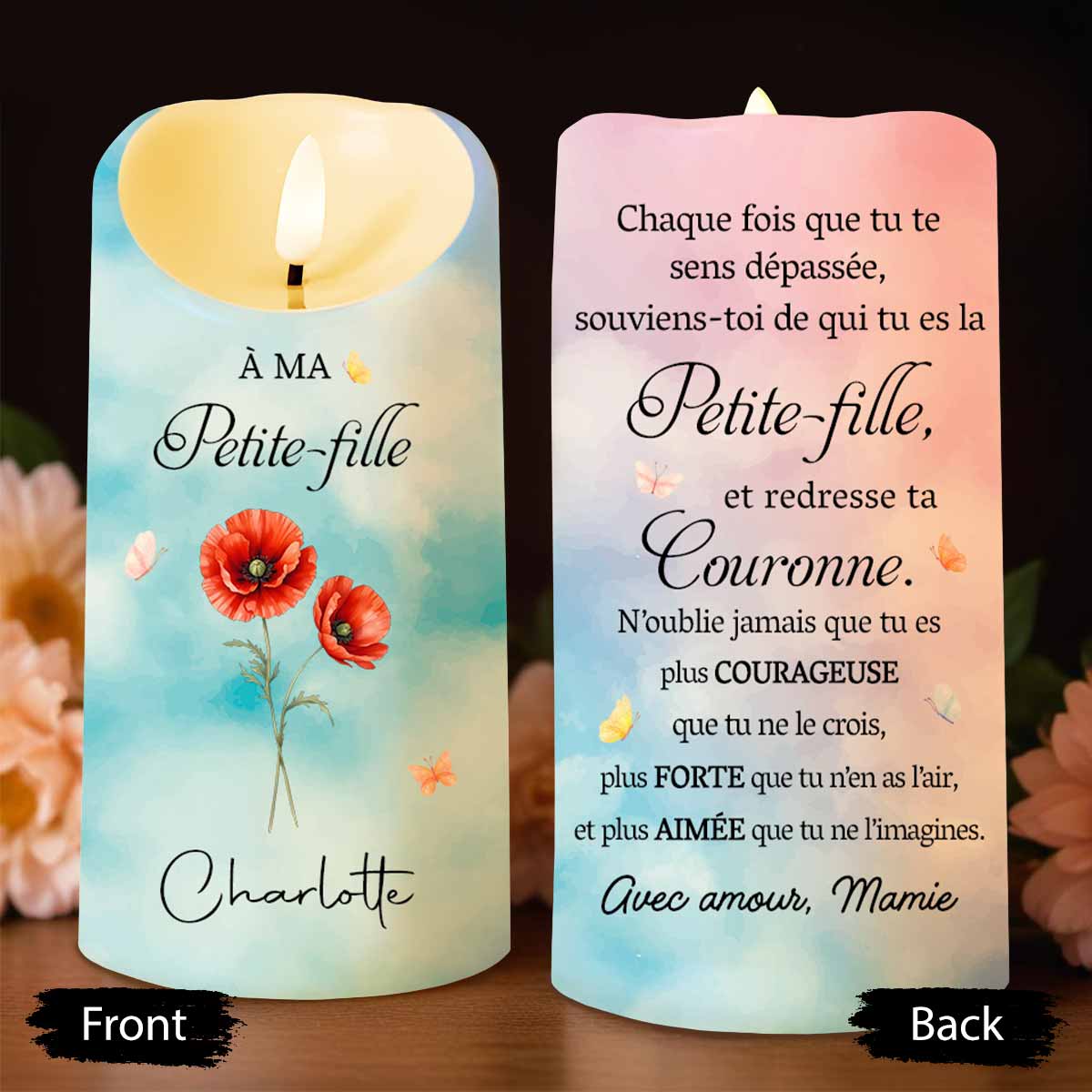 Personalized LED Candle with Birth Month Flowers Custom Gift for Granddaughter