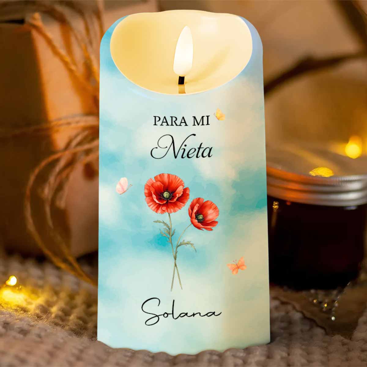 Personalized LED Candle for Granddaughter with Flowers & Butterflies Gift