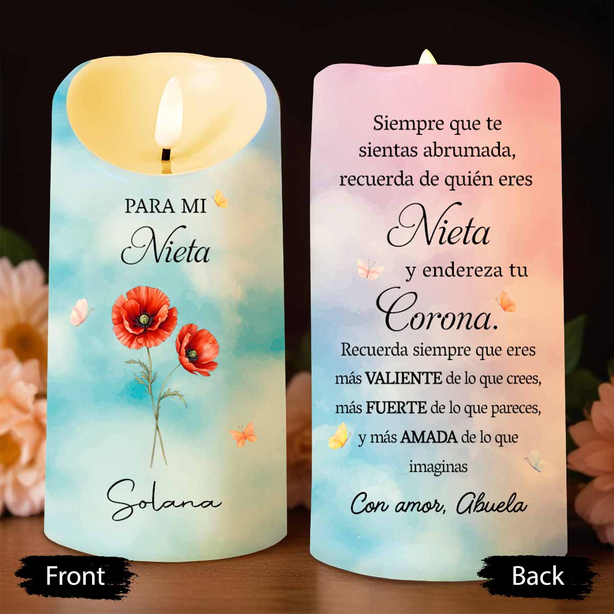 Personalized LED Candle for Granddaughter with Flowers & Butterflies Gift