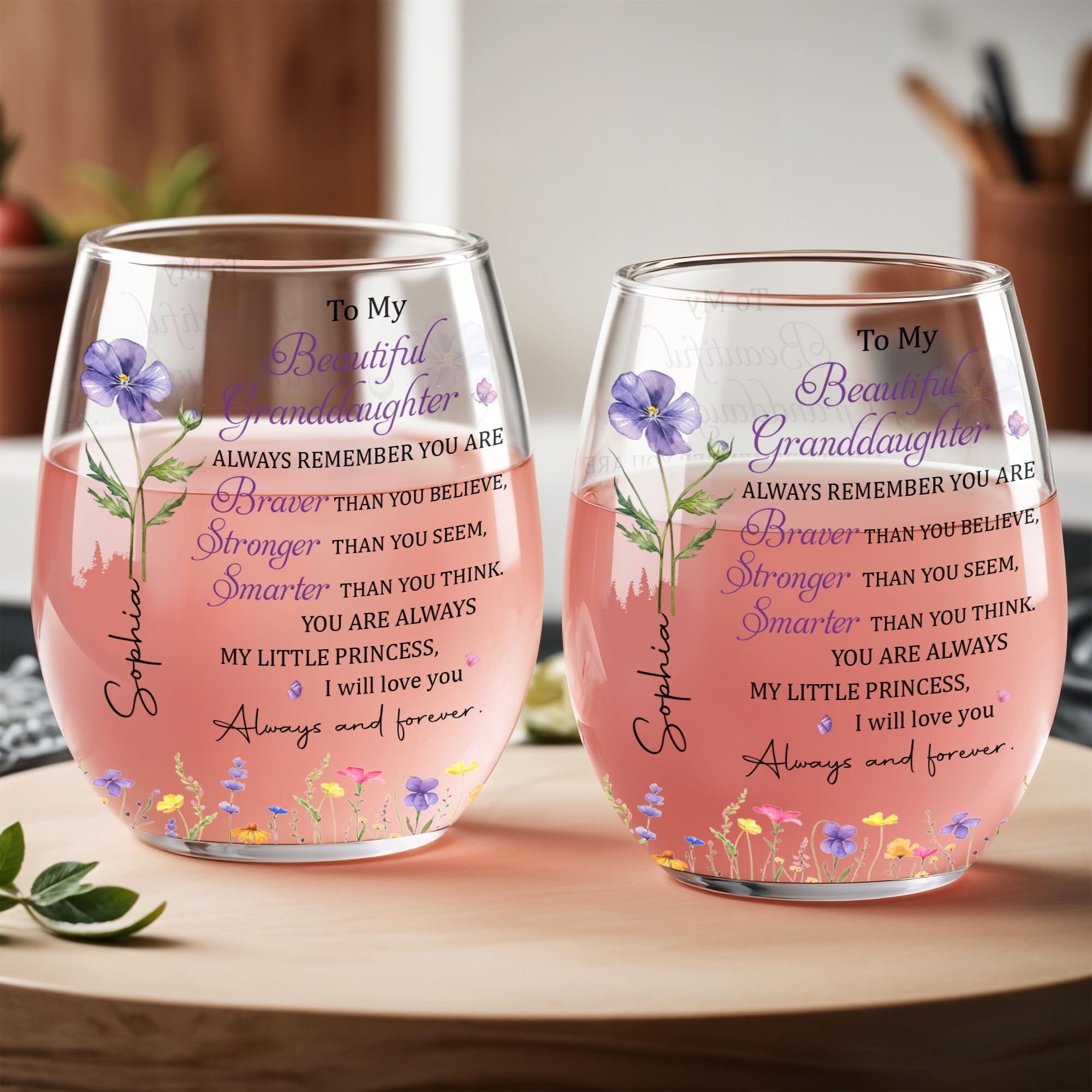 Personalized Stemless Wine Glass with Birth Month Flowers Gift for Granddaughter
