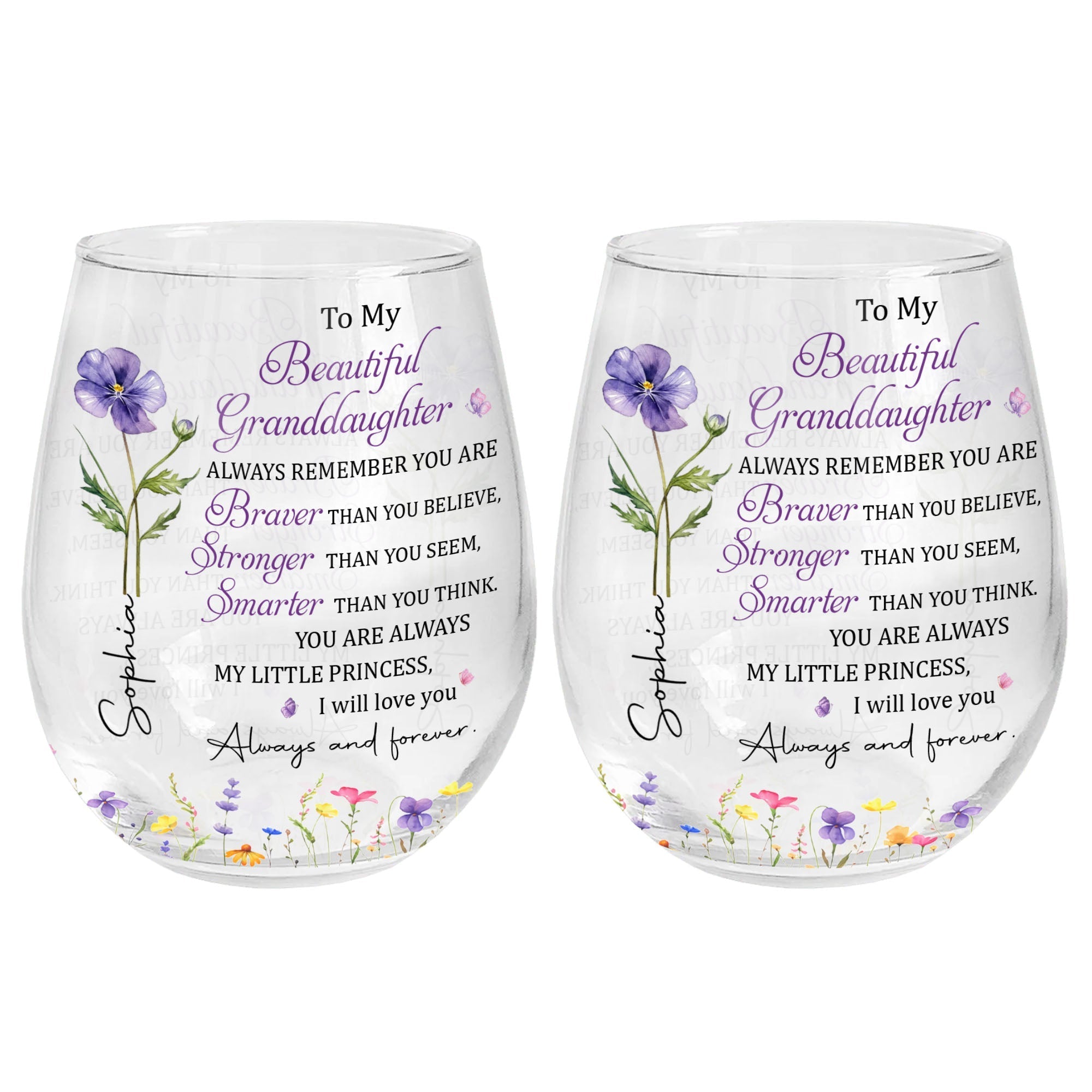 Personalized Stemless Wine Glass with Birth Month Flowers Gift for Granddaughter