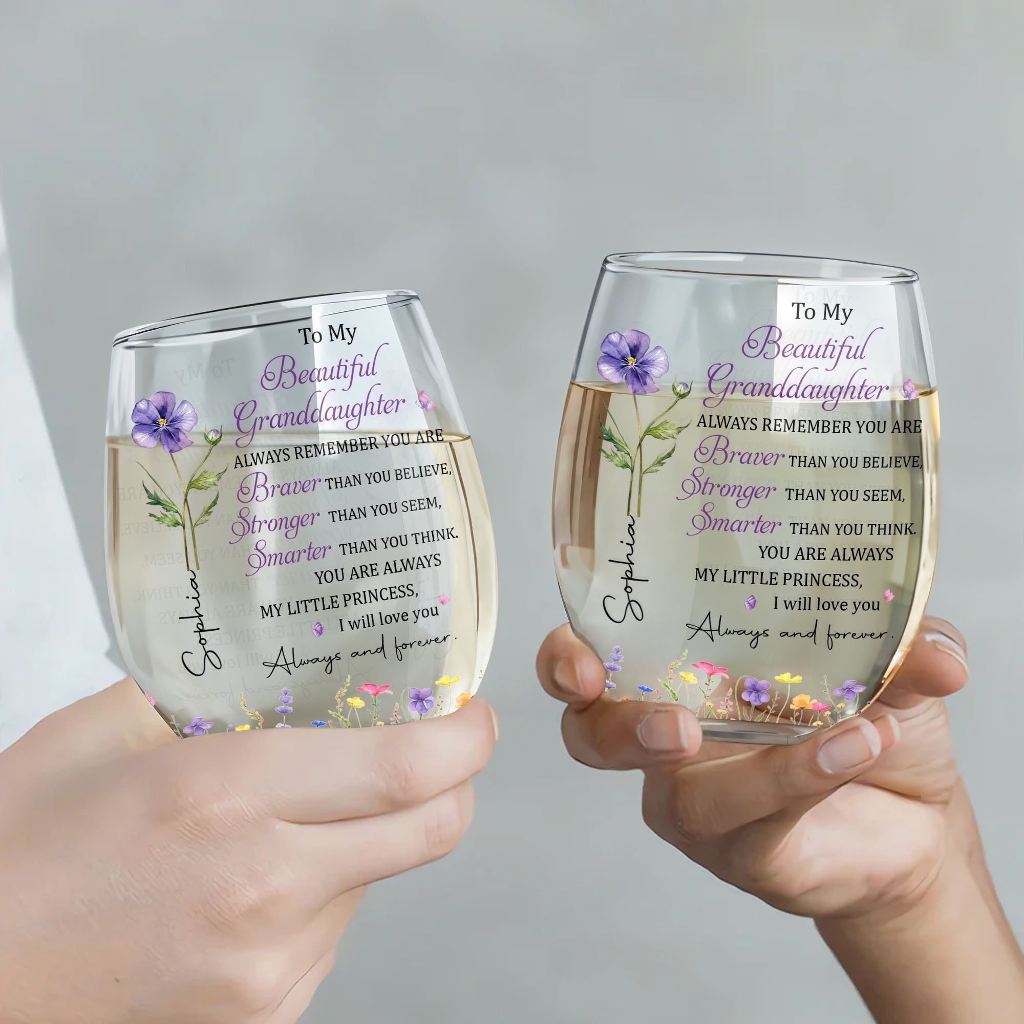 Personalized Stemless Wine Glass with Birth Month Flowers Gift for Granddaughter