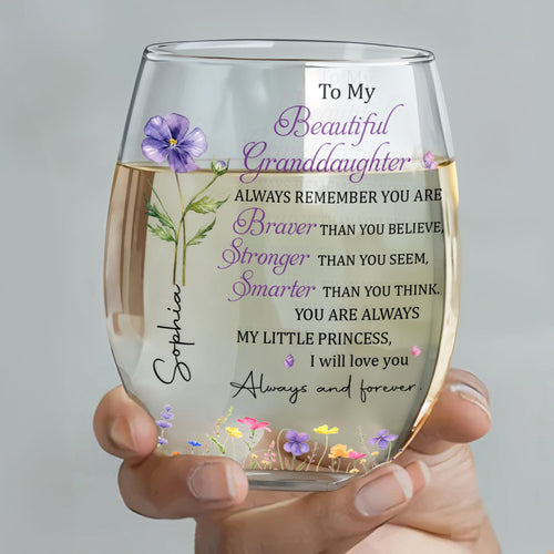 Personalized Stemless Wine Glass with Birth Month Flowers Gift for Granddaughter
