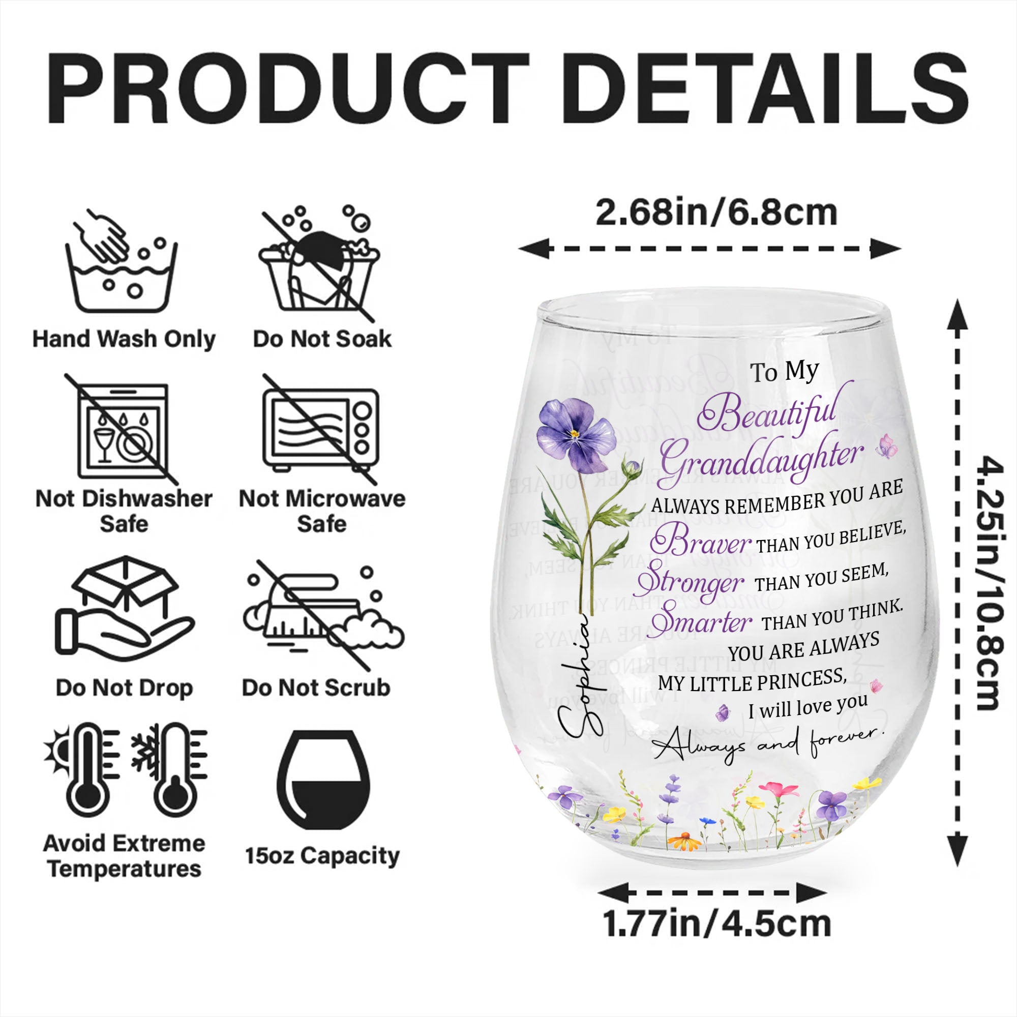 Personalized Stemless Wine Glass with Birth Month Flowers Gift for Granddaughter