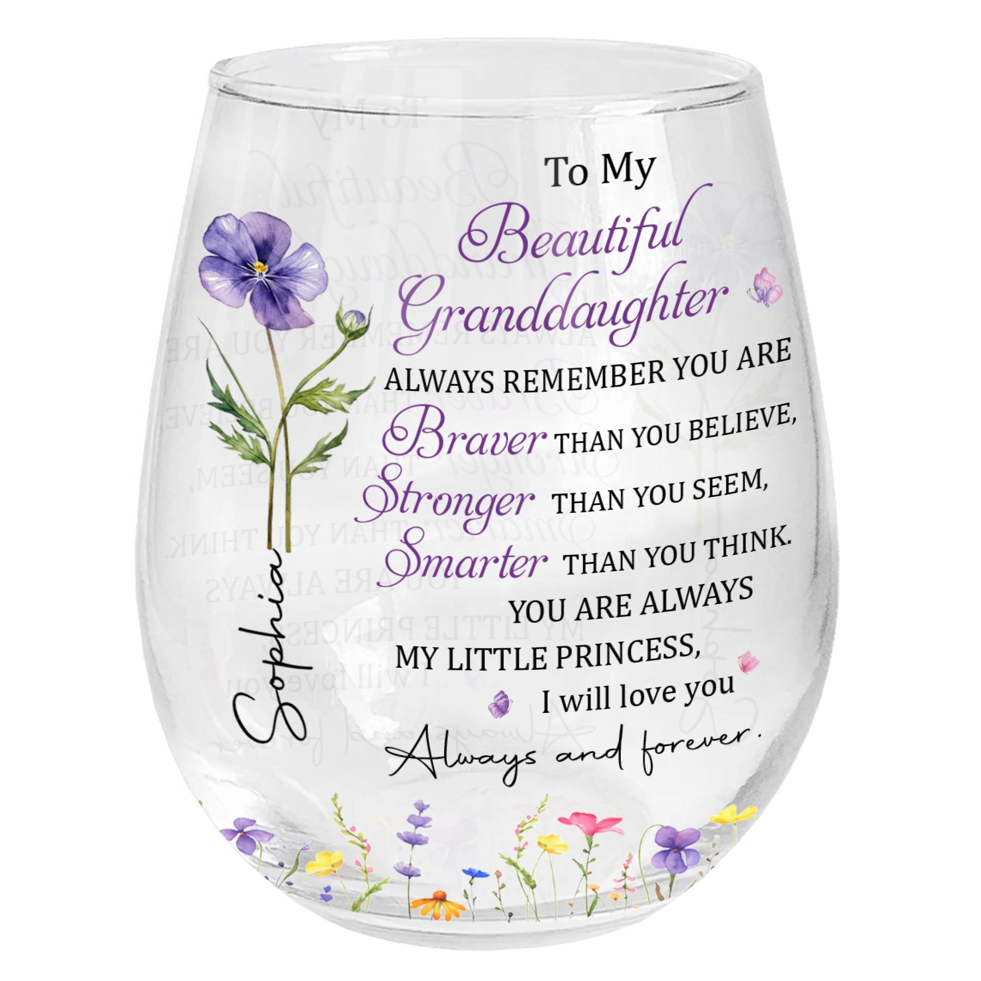 Personalized Stemless Wine Glass with Birth Month Flowers Gift for Granddaughter