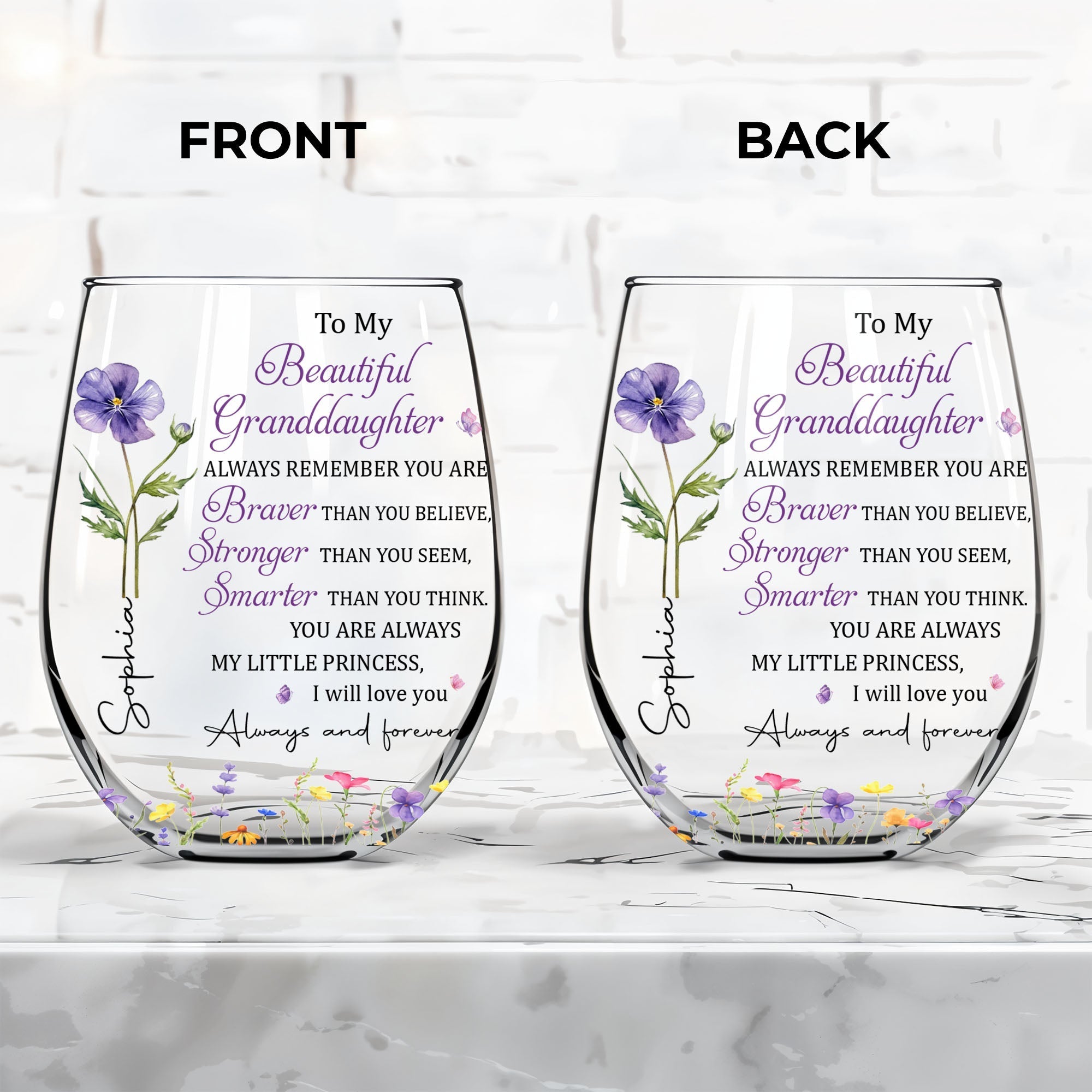 Personalized Stemless Wine Glass with Birth Month Flowers Gift for Granddaughter