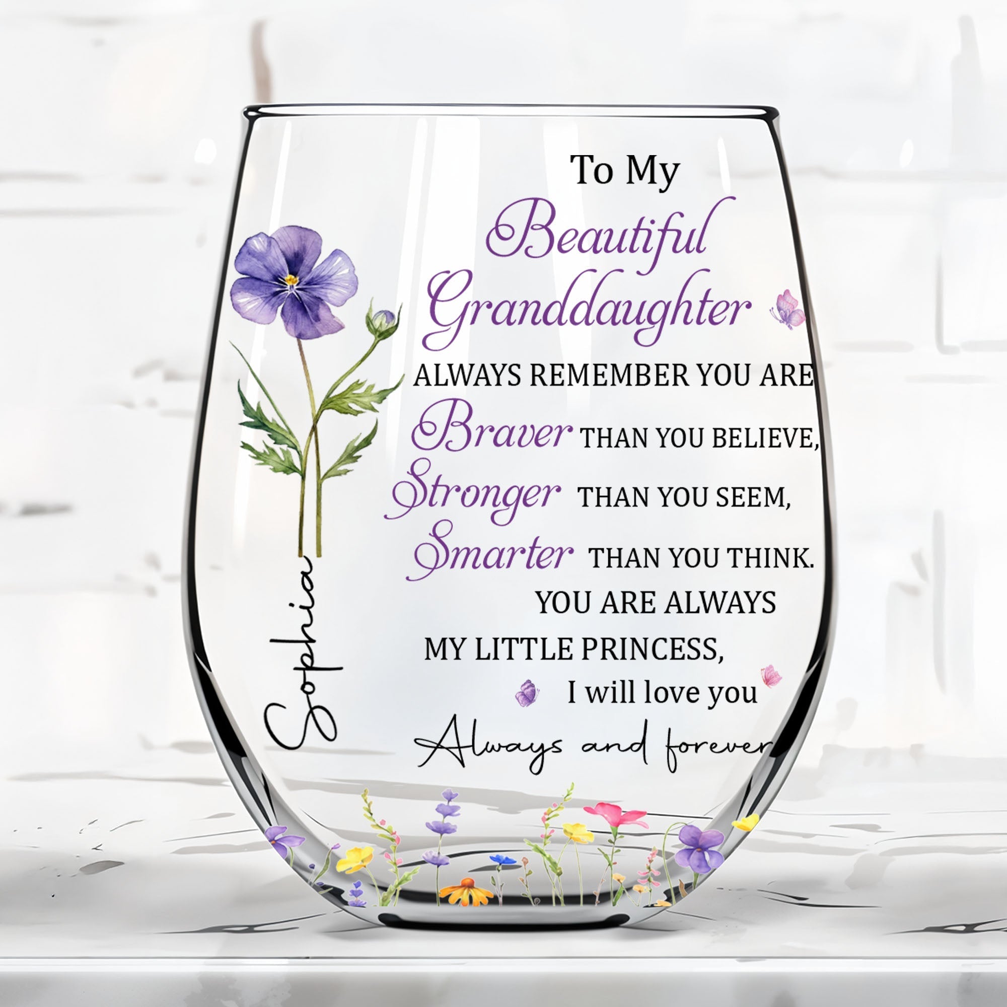 Personalized Stemless Wine Glass with Birth Month Flowers Gift for Granddaughter
