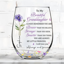 Load image into Gallery viewer, Personalized Stemless Wine Glass with Birth Month Flowers Gift for Granddaughter
