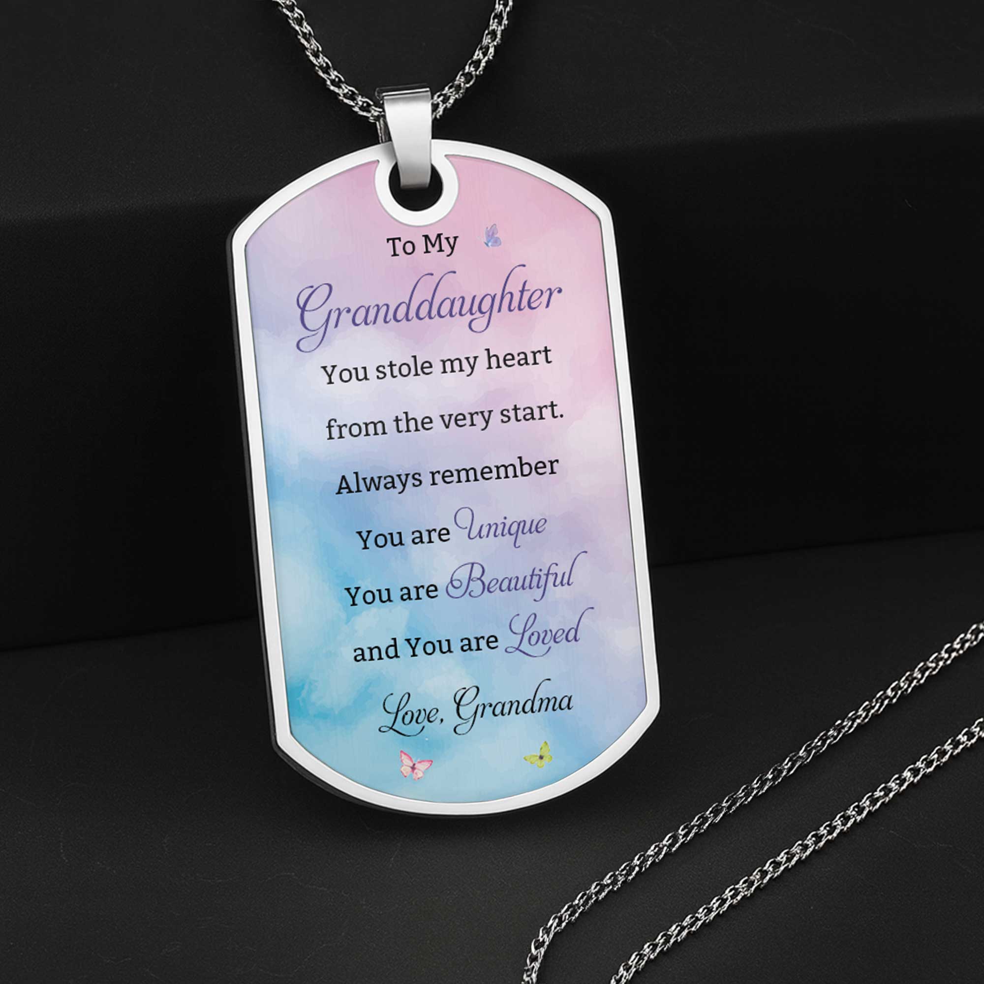 Personalized Dog Tag Necklace Custom Text for Granddaughter - Unique Gift