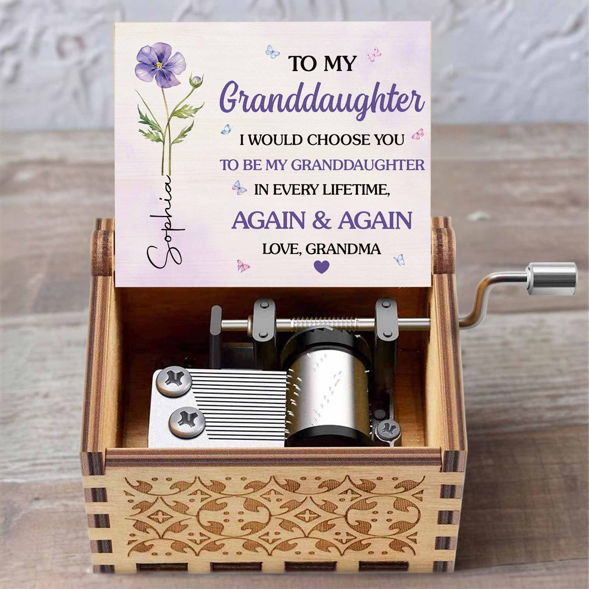 Personalized Wooden Music Box Custom Name Flower Gift for Granddaughter