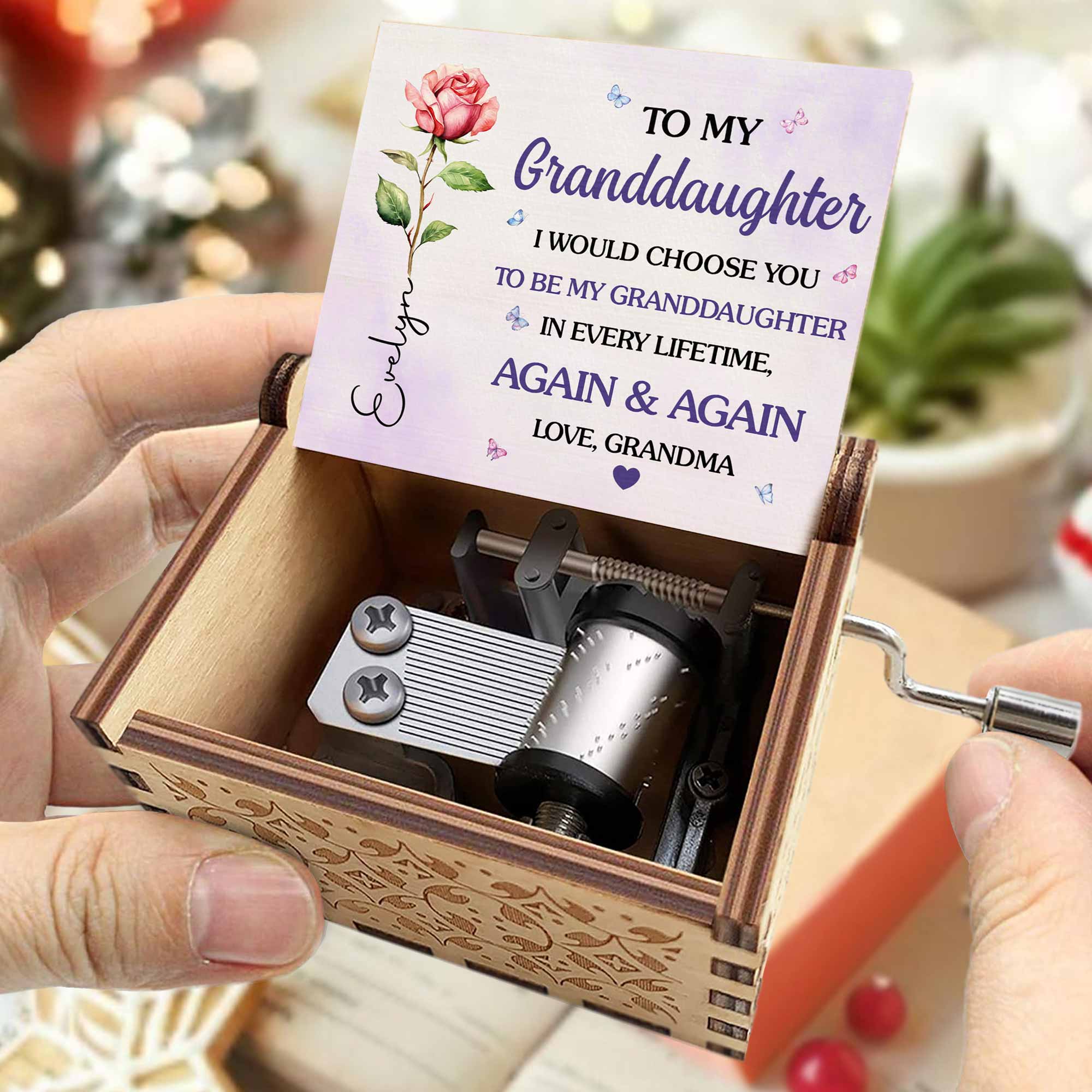 Personalized Wooden Music Box Custom Name Flower Gift for Granddaughter