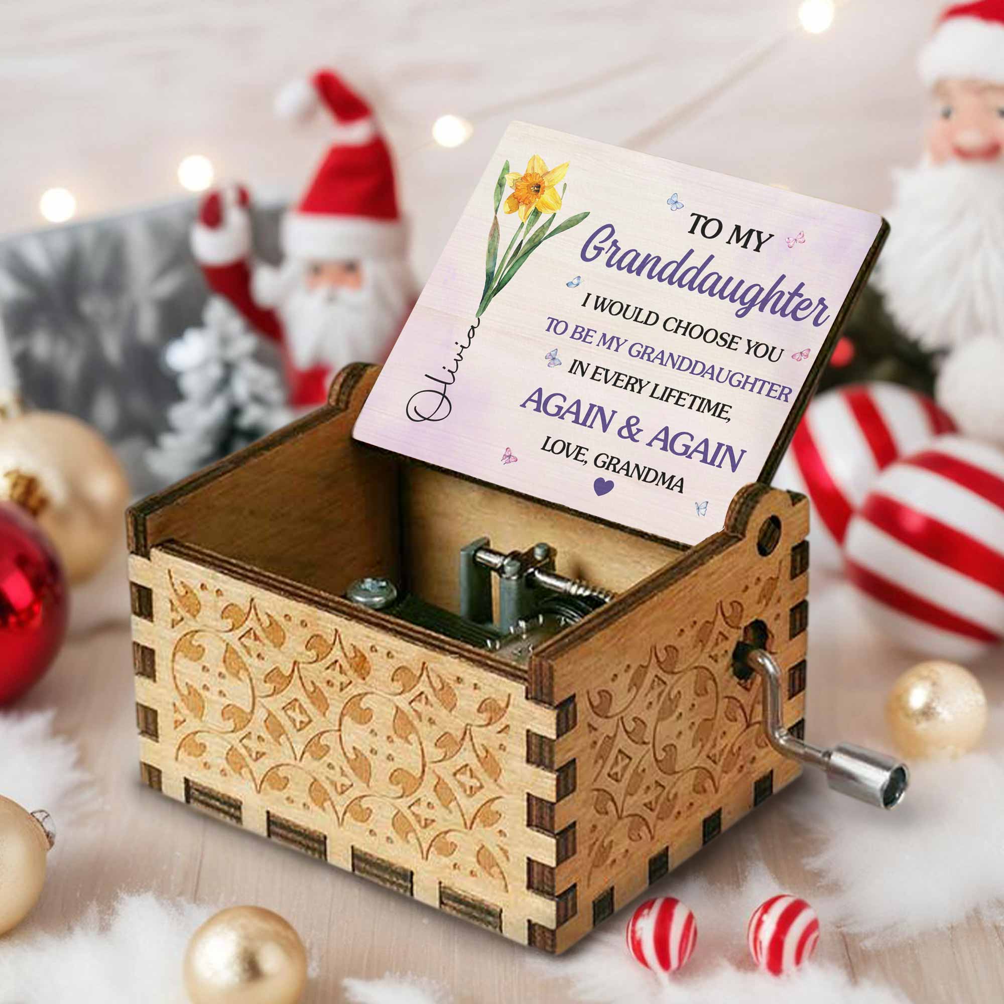 Personalized Wooden Music Box Custom Name Flower Gift for Granddaughter