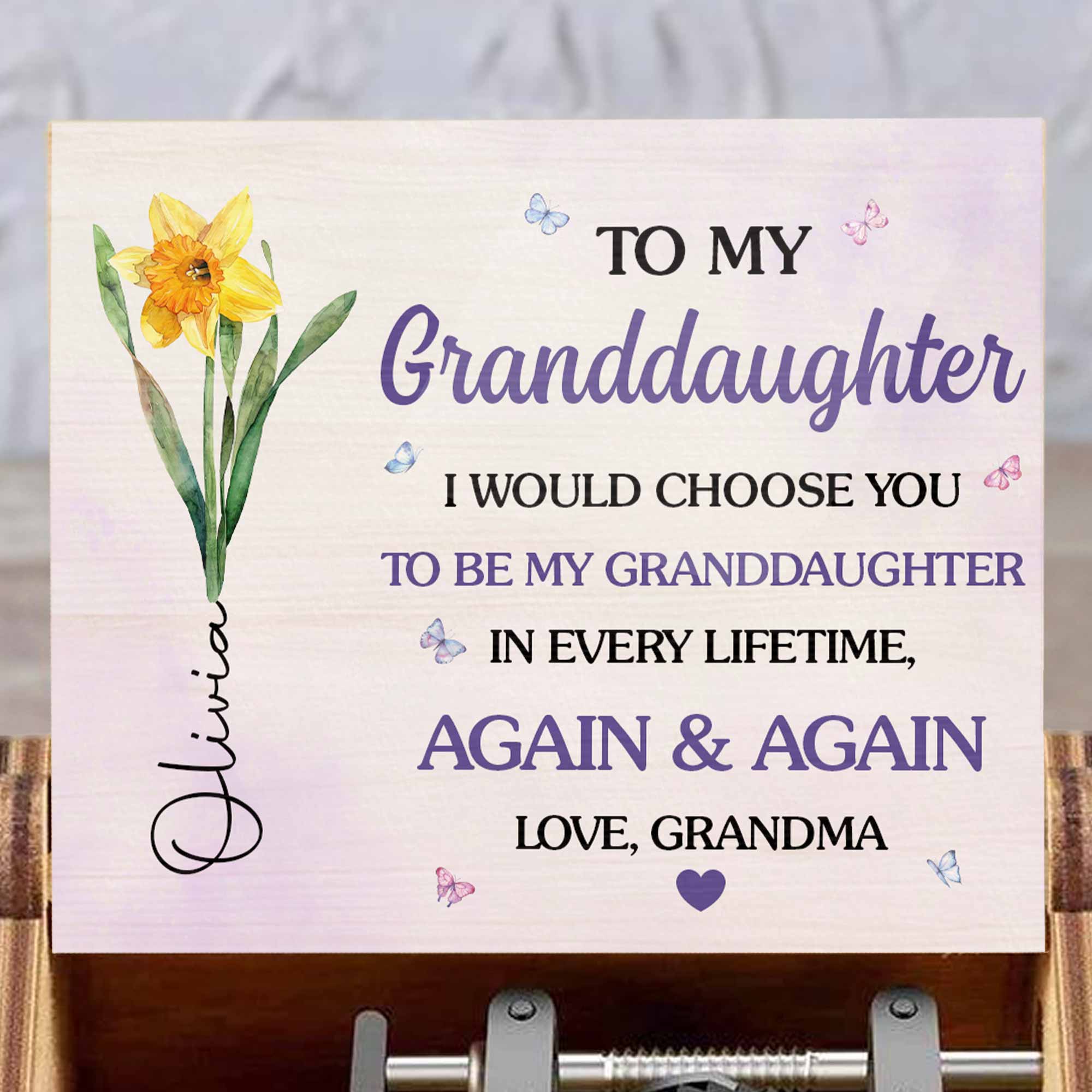 Personalized Wooden Music Box Custom Name Flower Gift for Granddaughter
