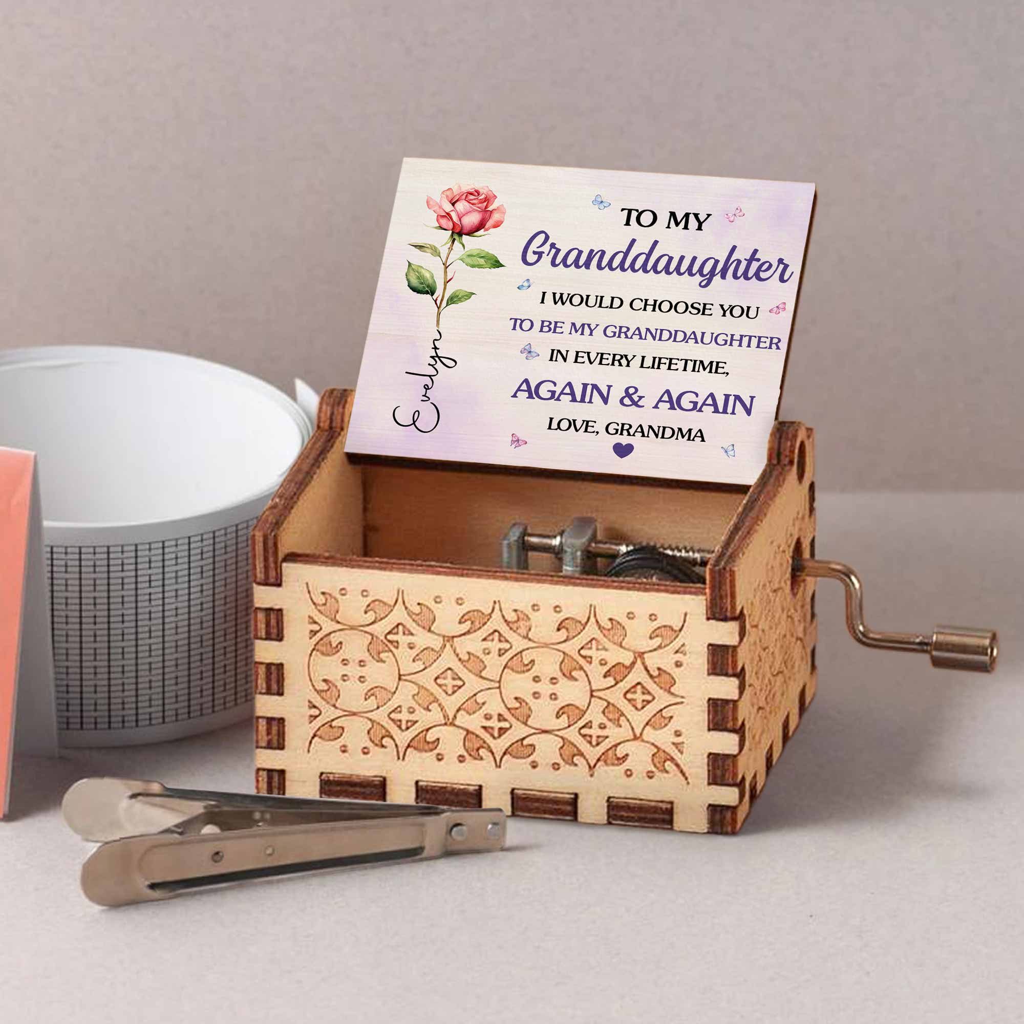 Personalized Wooden Music Box Custom Name Flower Gift for Granddaughter
