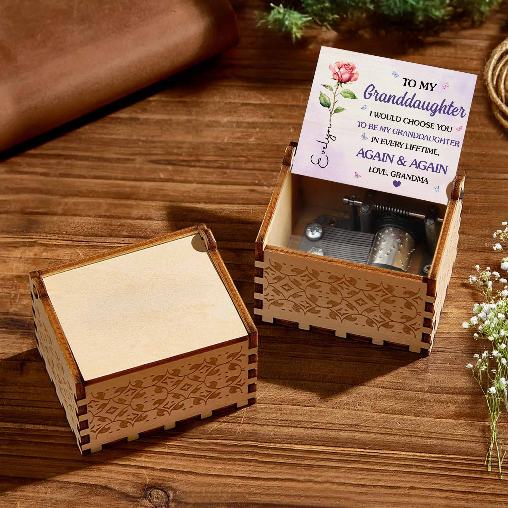 Personalized Wooden Music Box Custom Name Flower Gift for Granddaughter