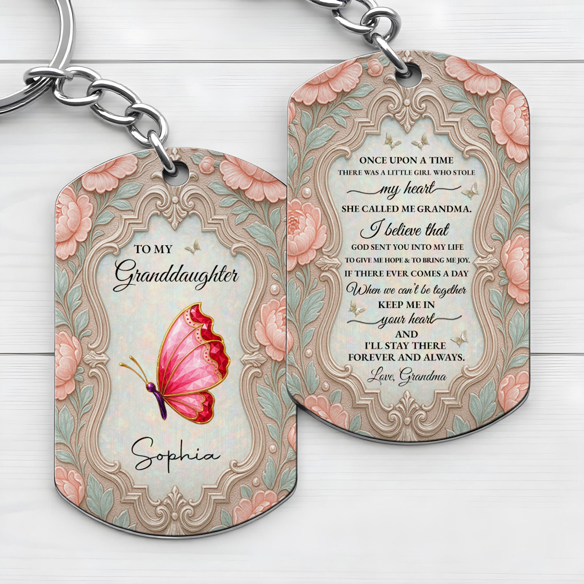 Personalized Stainless Steel Keychain for Granddaughter with Butterfly and Pink Flowers