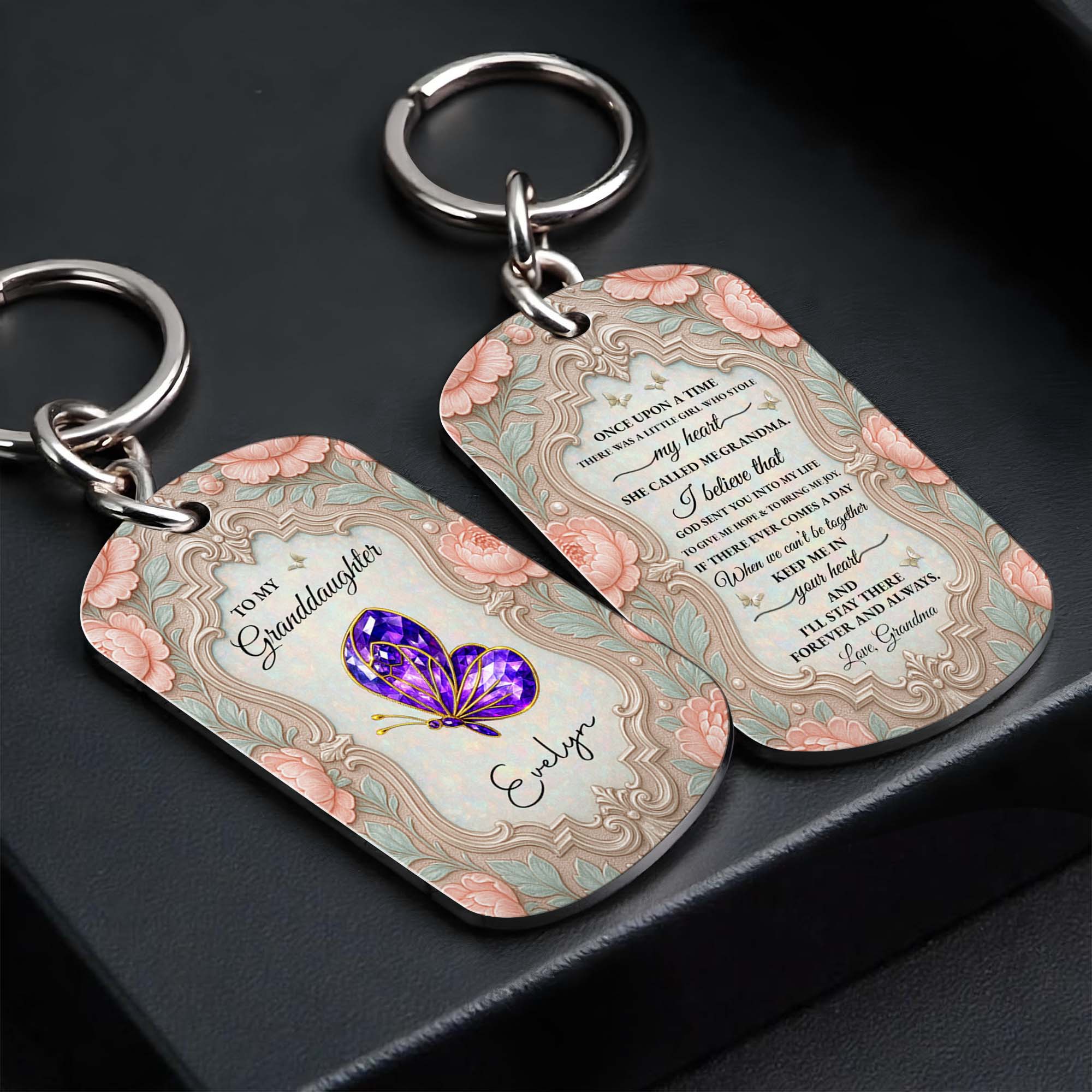 Personalized Stainless Steel Keychain for Granddaughter with Butterfly and Pink Flowers