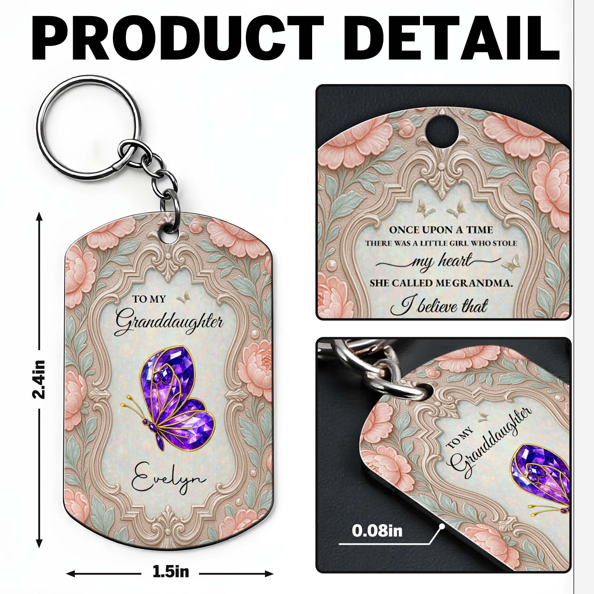 Personalized Stainless Steel Keychain for Granddaughter with Butterfly and Pink Flowers