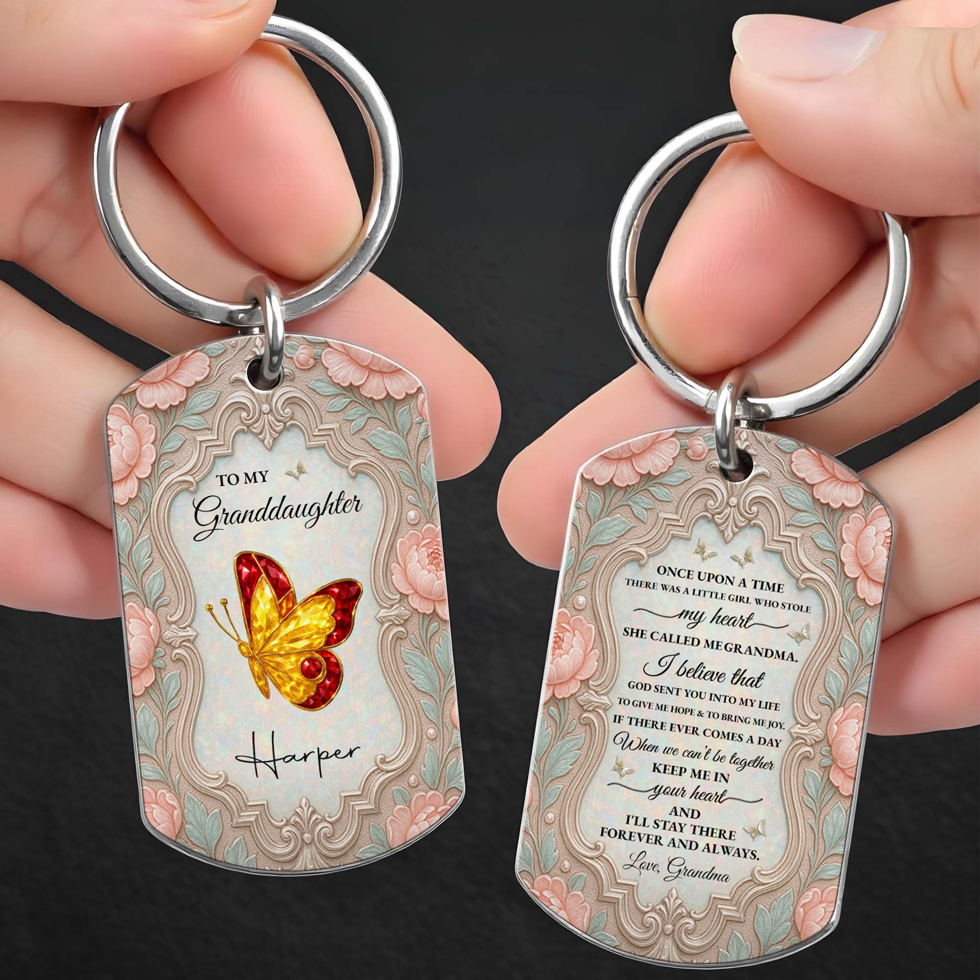 Personalized Stainless Steel Keychain for Granddaughter with Butterfly and Pink Flowers