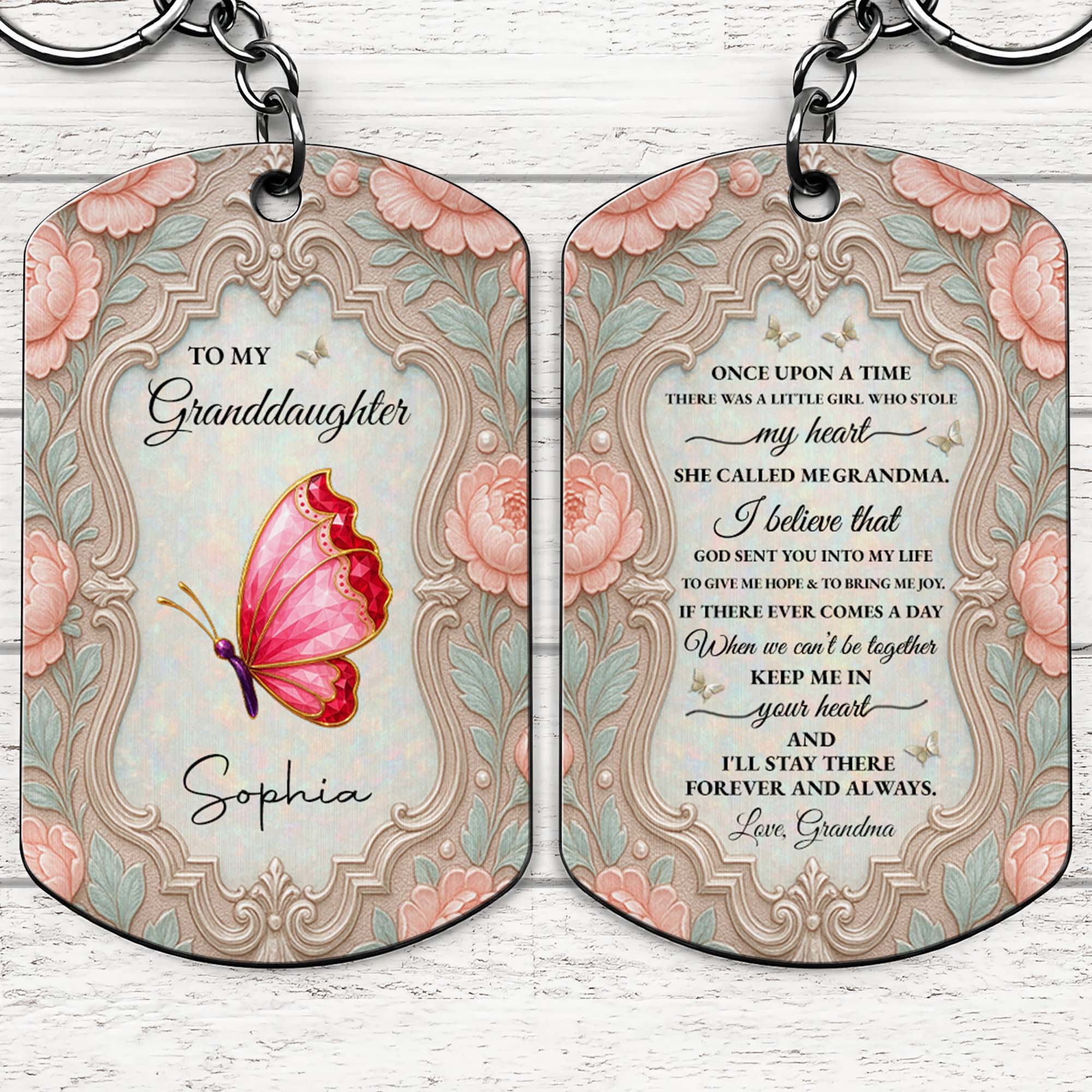 Personalized Stainless Steel Keychain for Granddaughter with Butterfly and Pink Flowers