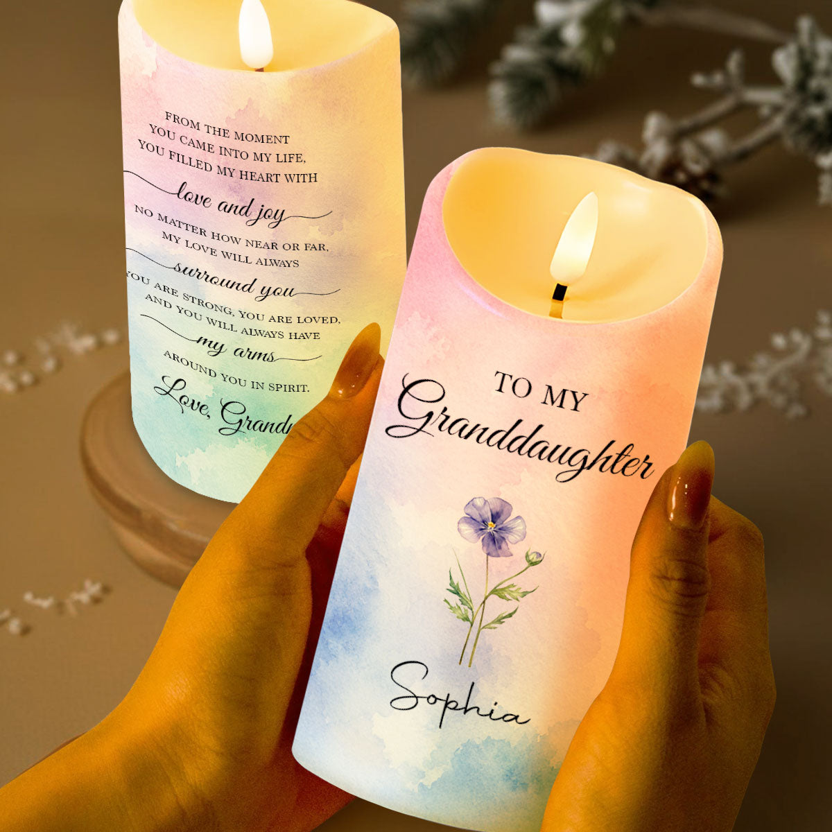 Personalized LED Candle Custom Birth Month Flower Gift for Granddaughter